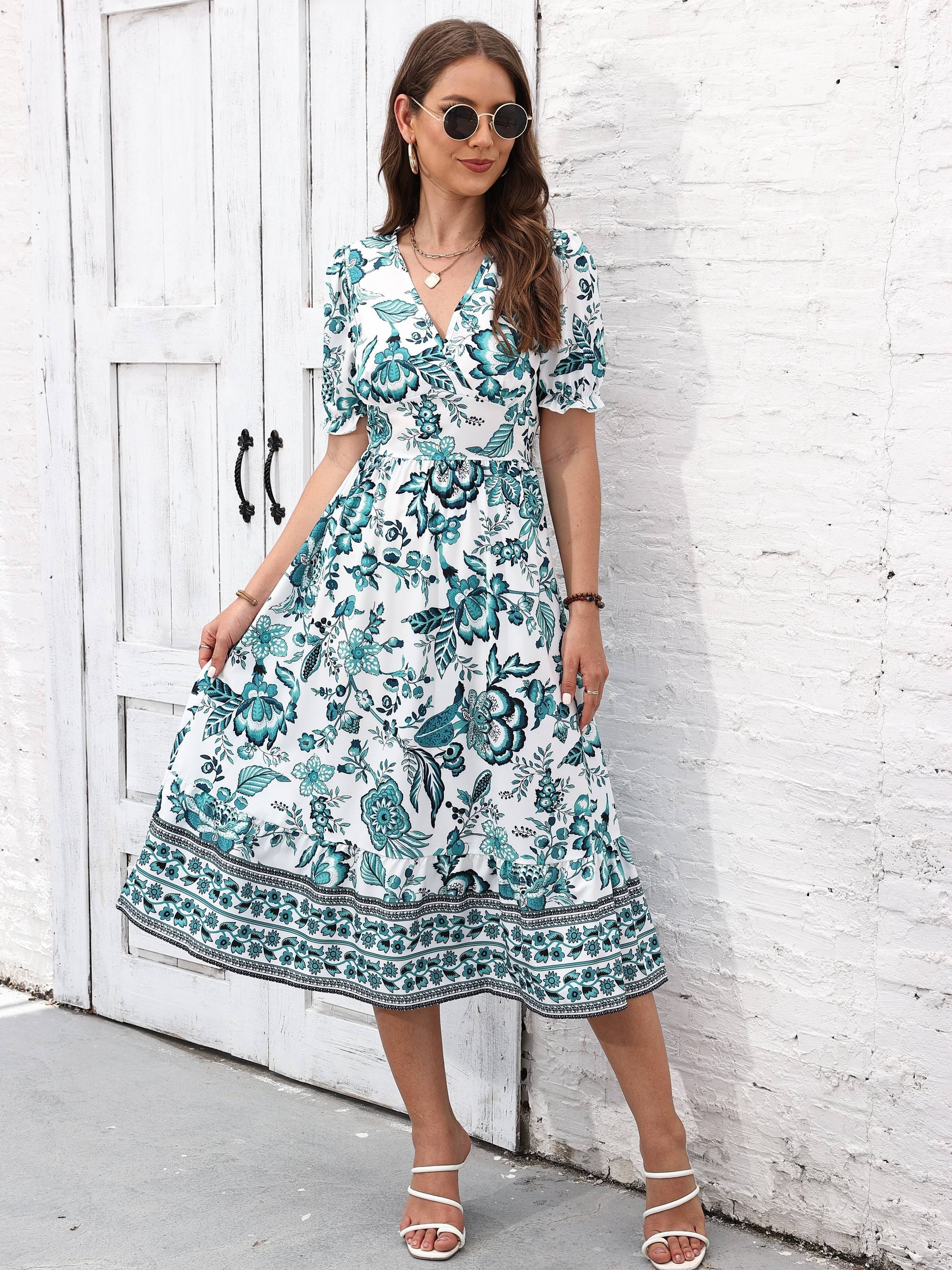 floral print surplice neck dress elegant short sleeve dress for spring summer womens clothing details 6