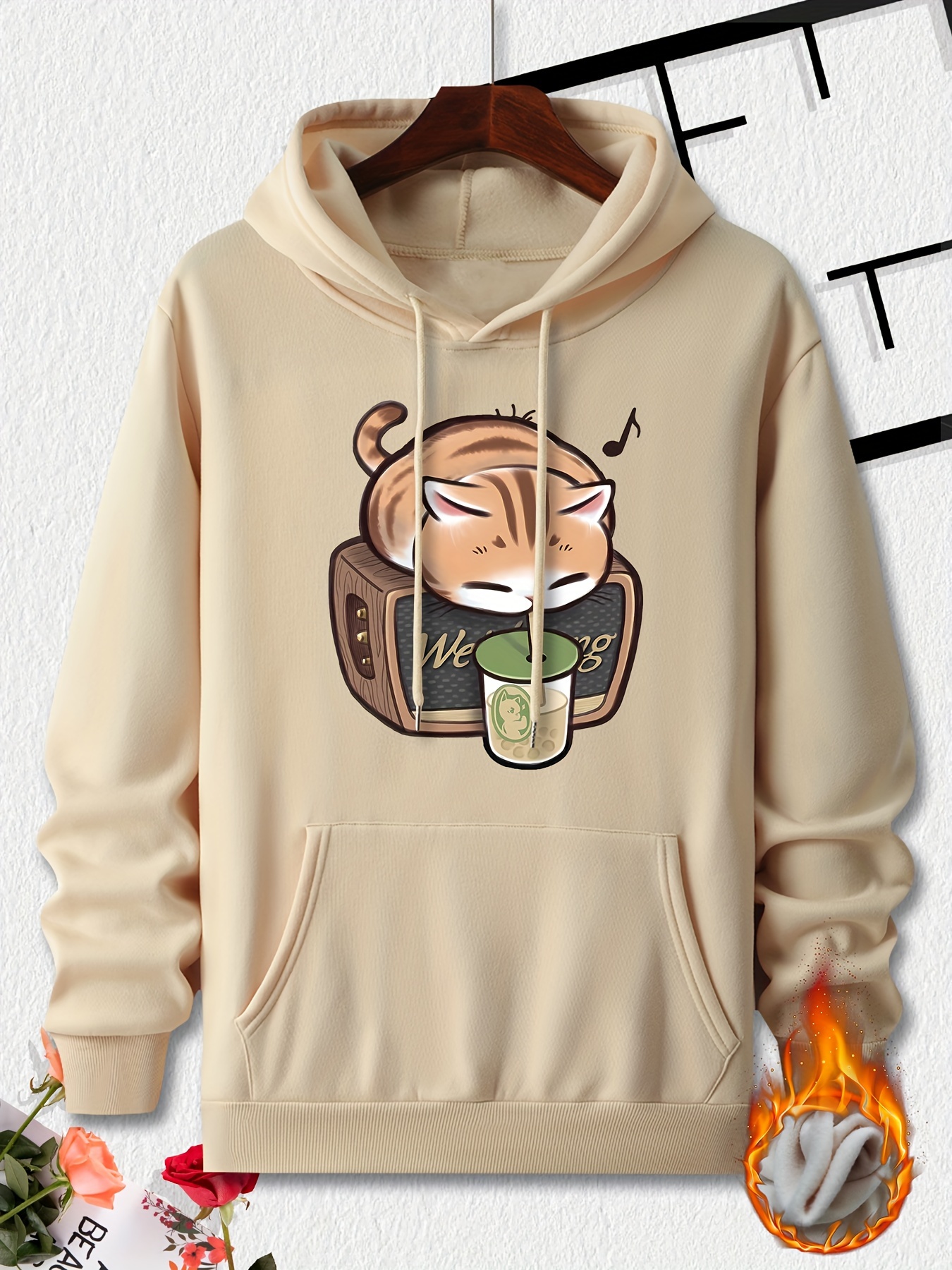 cute kitten pattern print hooded sweatshirt hoodies fashion casual tops for spring autumn mens clothing details 0