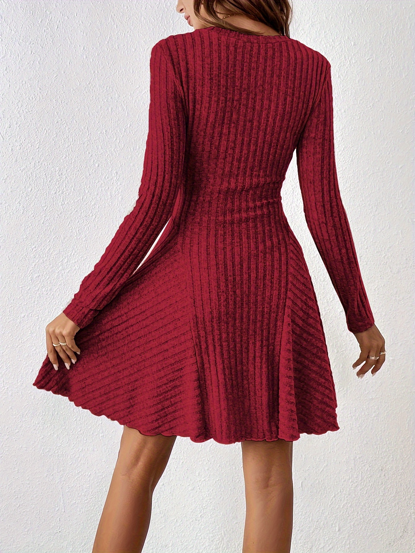 solid ribbed v neck dress casual long sleeve a line dress womens clothing details 12