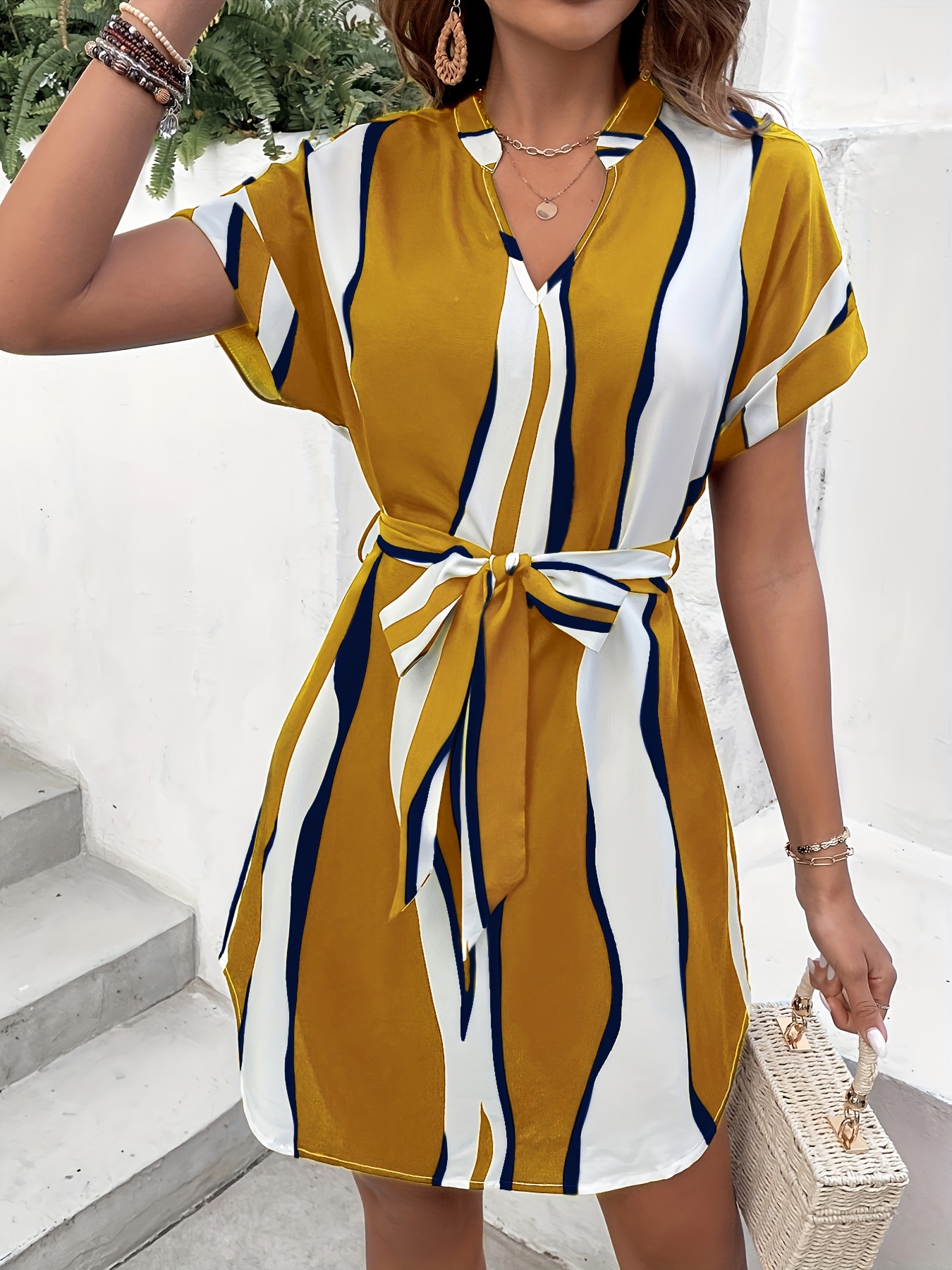 wave print v neck dress casual short sleeve random printing summer dress womens clothing details 5