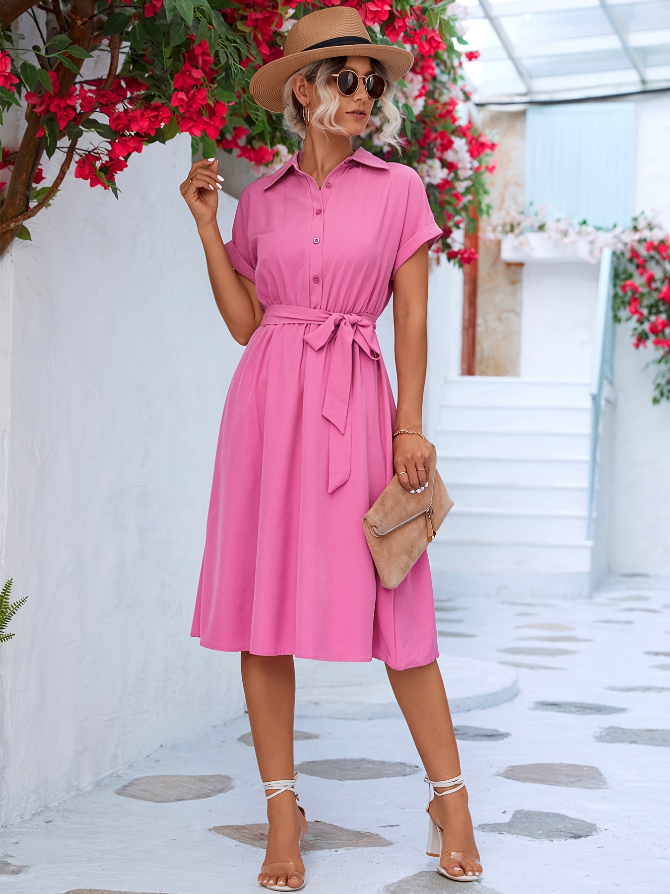 solid belted shirt dress short sleeve casual dress for summer spring womens clothing details 5
