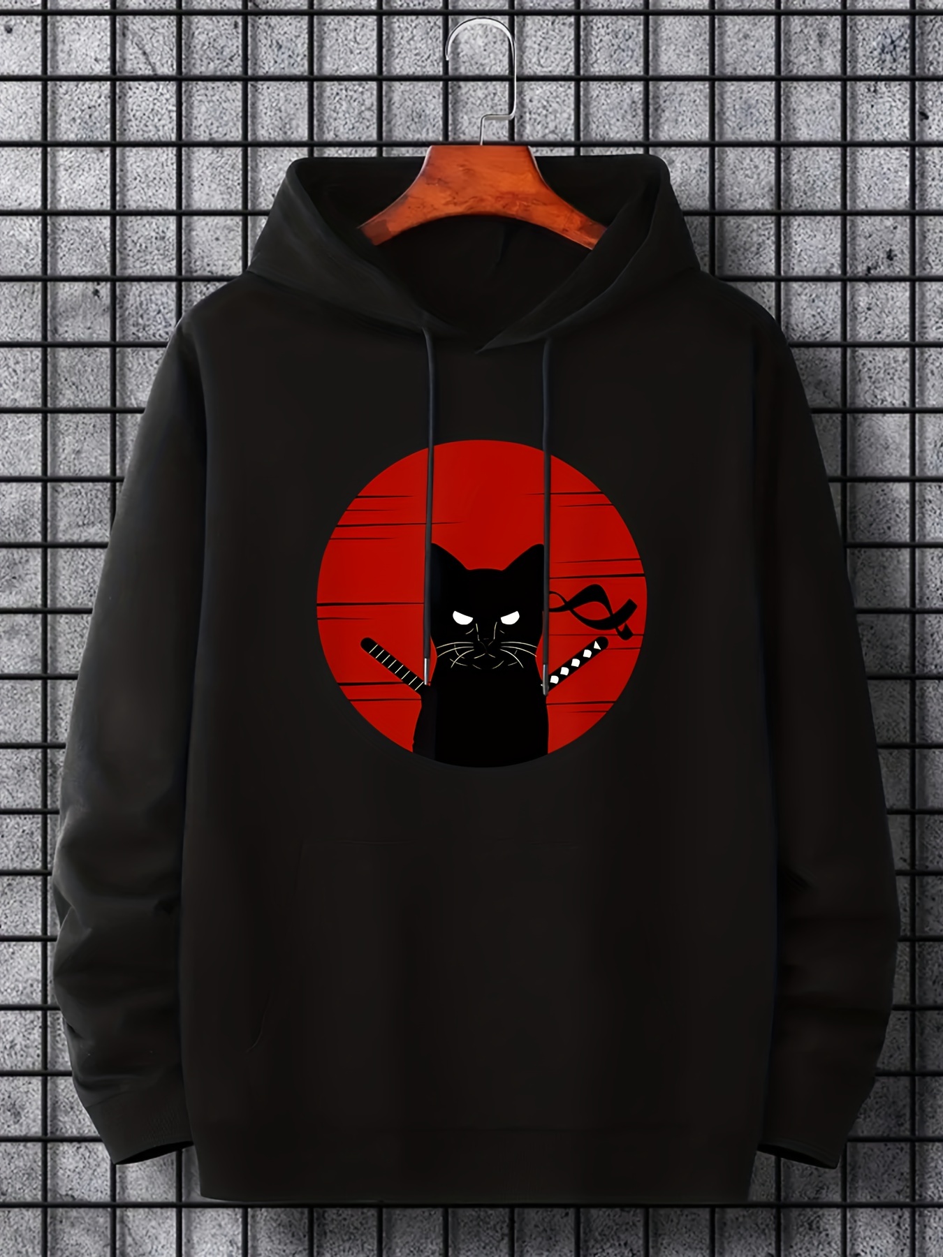 ninja cat print hoodie cool hoodies for men mens casual graphic design pullover hooded sweatshirt with kangaroo pocket streetwear for winter fall as gifts details 5