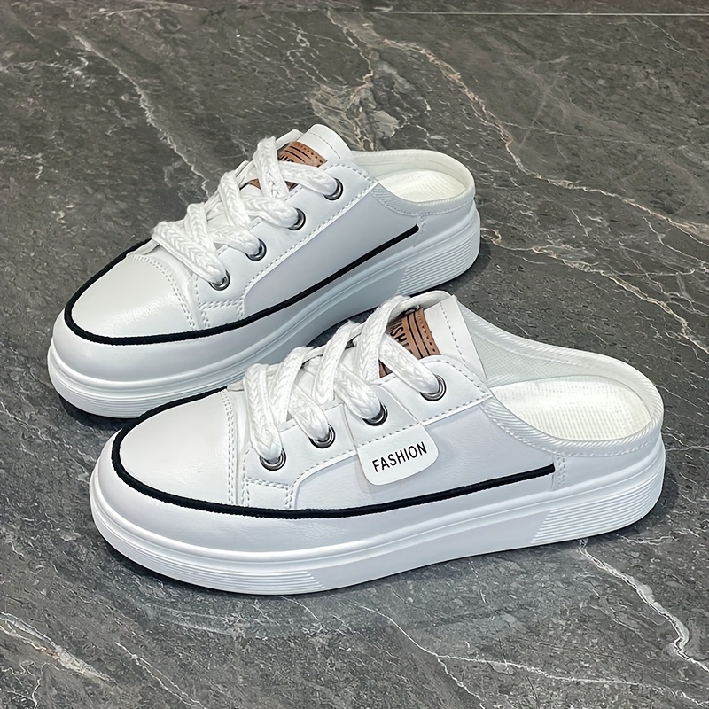 solid color flat mule sneakers women s casual lace outdoor details 1