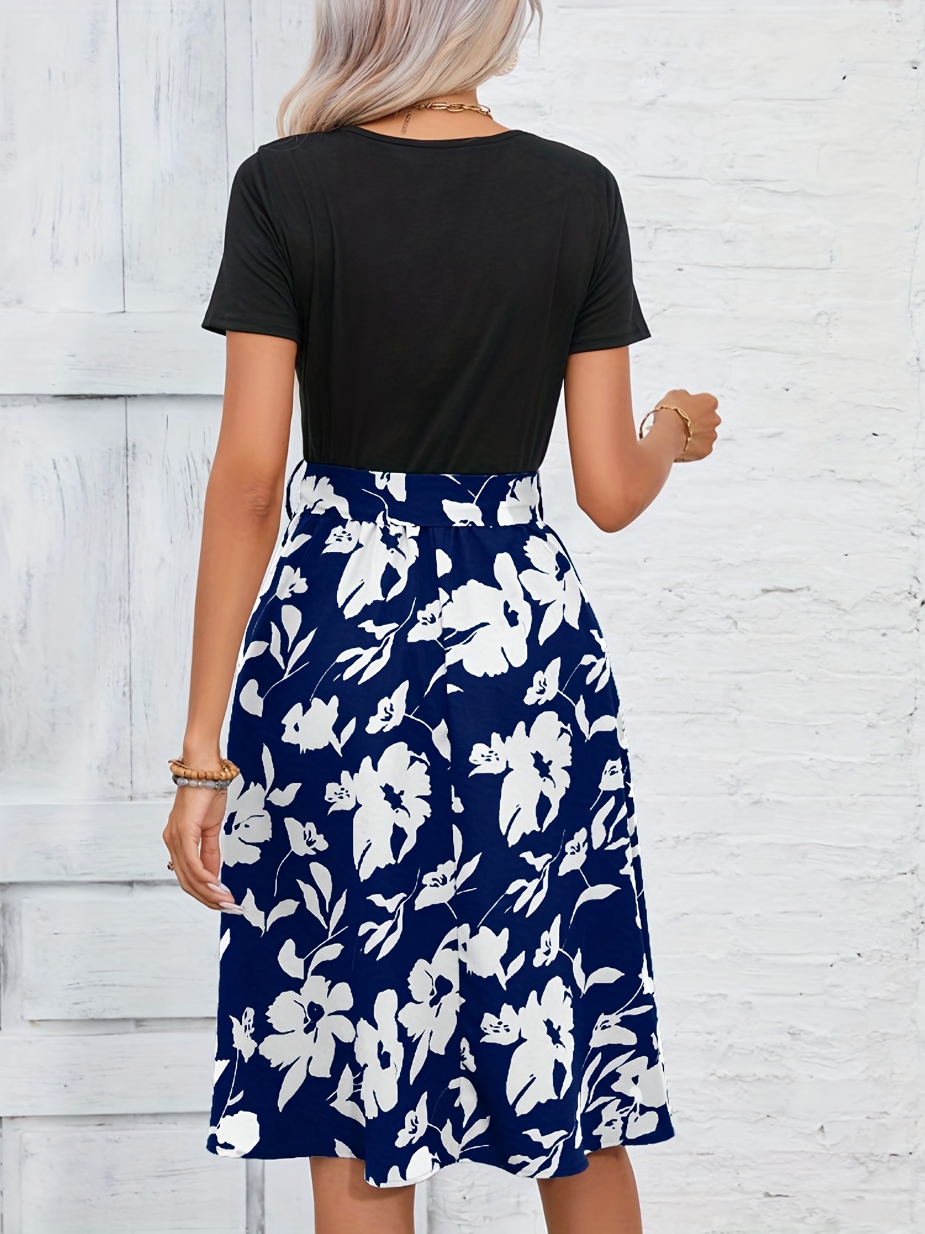 floral print crew neck dress casual short sleeve tunic dress for spring summer womens clothing details 6