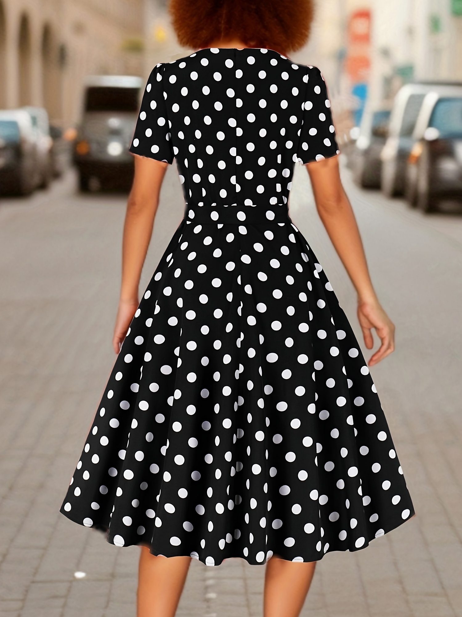 polka dot print square neck dress elegant short sleeve belted dress for spring summer womens clothing details 1