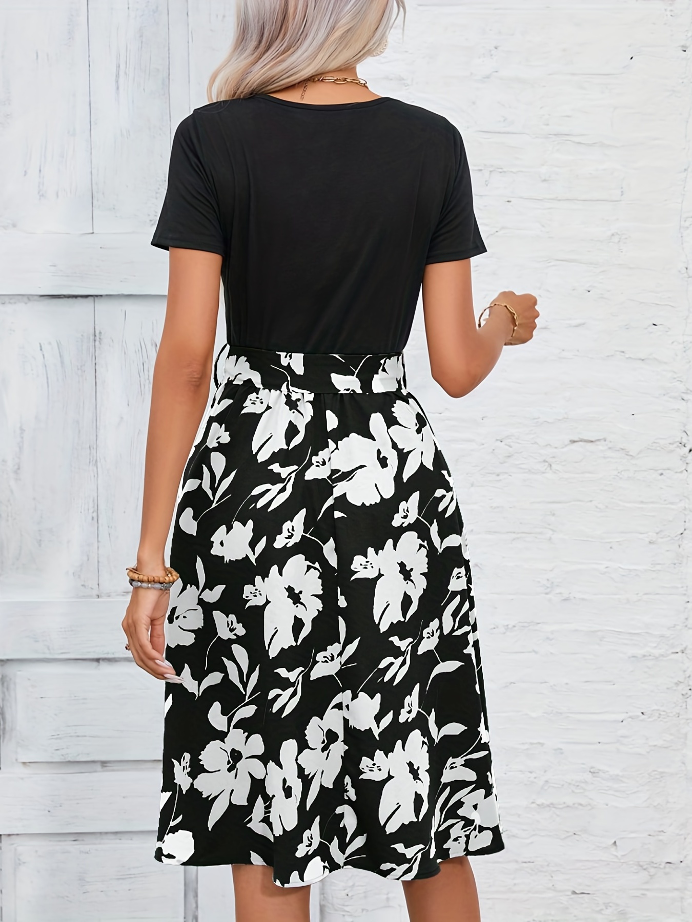 floral print crew neck dress casual short sleeve tunic dress for spring summer womens clothing details 26