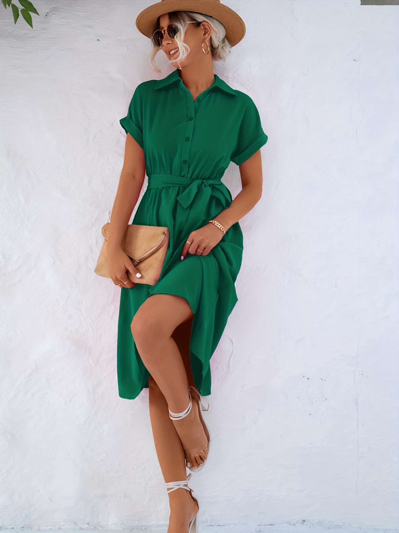 solid belted shirt dress short sleeve casual dress for summer spring womens clothing details 12