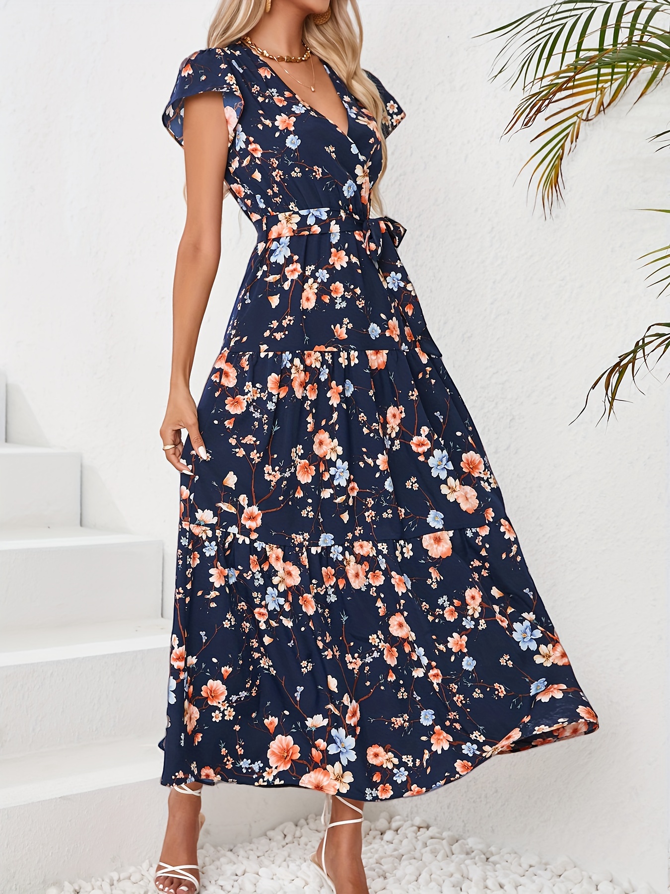 floral print flutter sleeve dress elegant v neck dress for spring summer womens clothing details 18