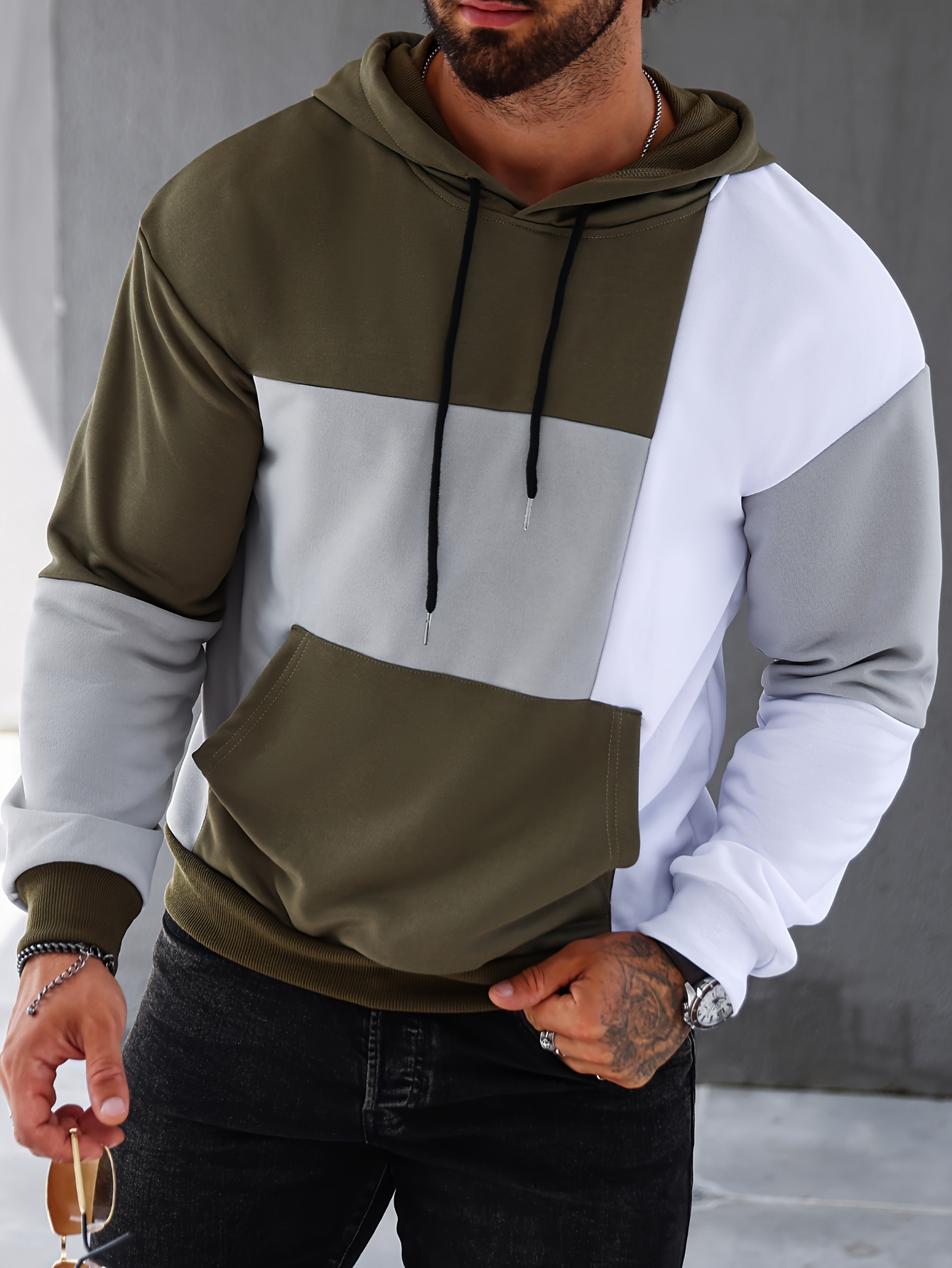 patchwork color block hoodie with kangaroo pocket mens casual solid color slightly stretch drawstring pullover hooded sweatshirt for spring fall details 11