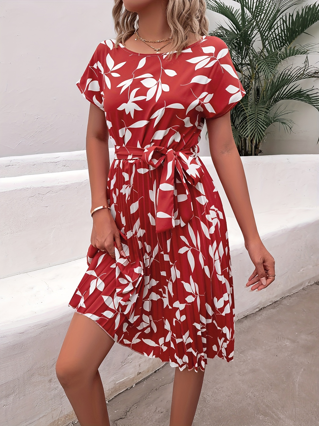 ditsy floral print belted dress short sleeve casual every day vacation dress for spring summer womens clothing details 22