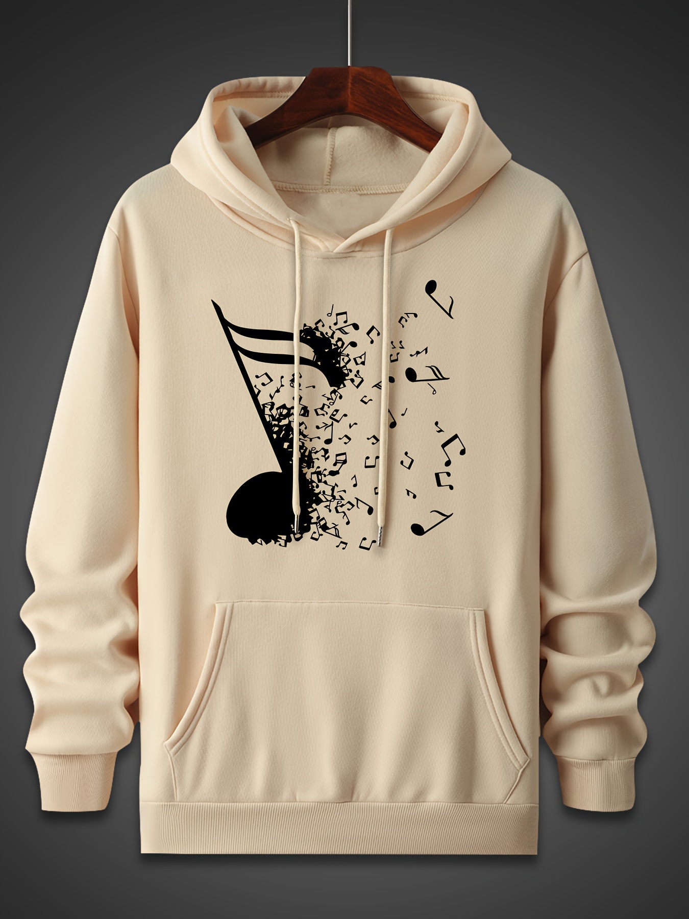 music note pattern mens trendy comfy hoodie casual slightly stretch breathable hooded sweatshirt for outdoor details 25