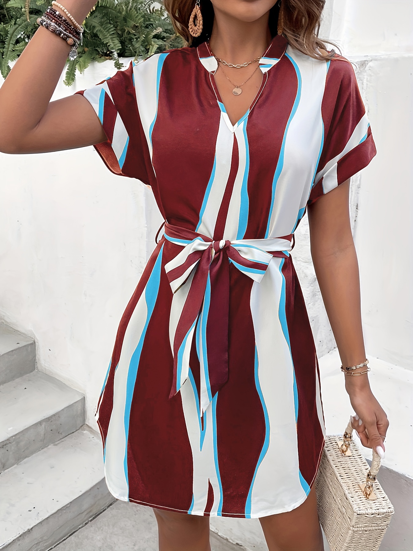 wave print v neck dress casual short sleeve random printing summer dress womens clothing details 0