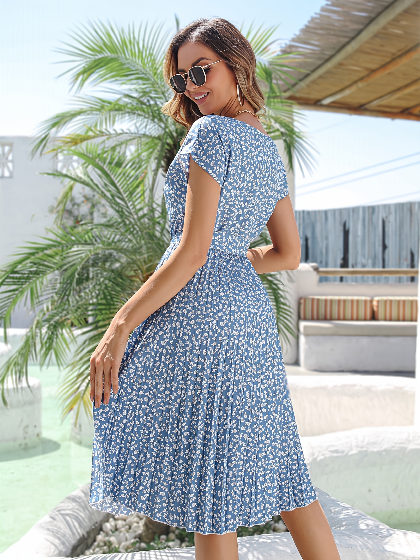 ditsy floral print belted dress short sleeve casual every day vacation dress for spring summer womens clothing details 49