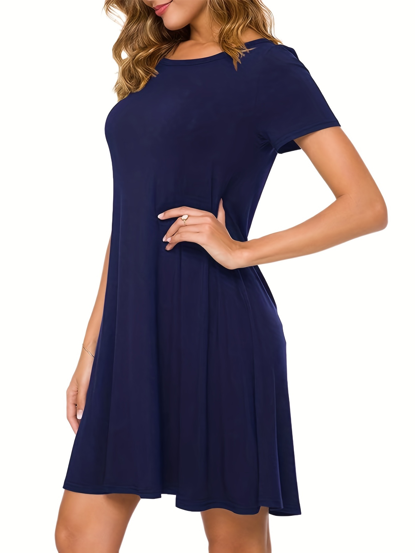 solid simple t shirt dress casual crew neck short sleeve dress womens clothing details 7