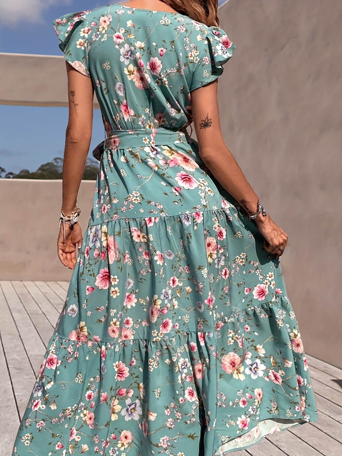 floral print flutter sleeve dress elegant v neck dress for spring summer womens clothing details 12