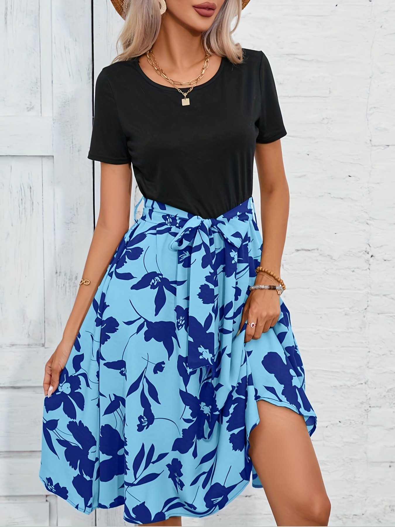 floral print crew neck dress casual short sleeve tunic dress for spring summer womens clothing details 2