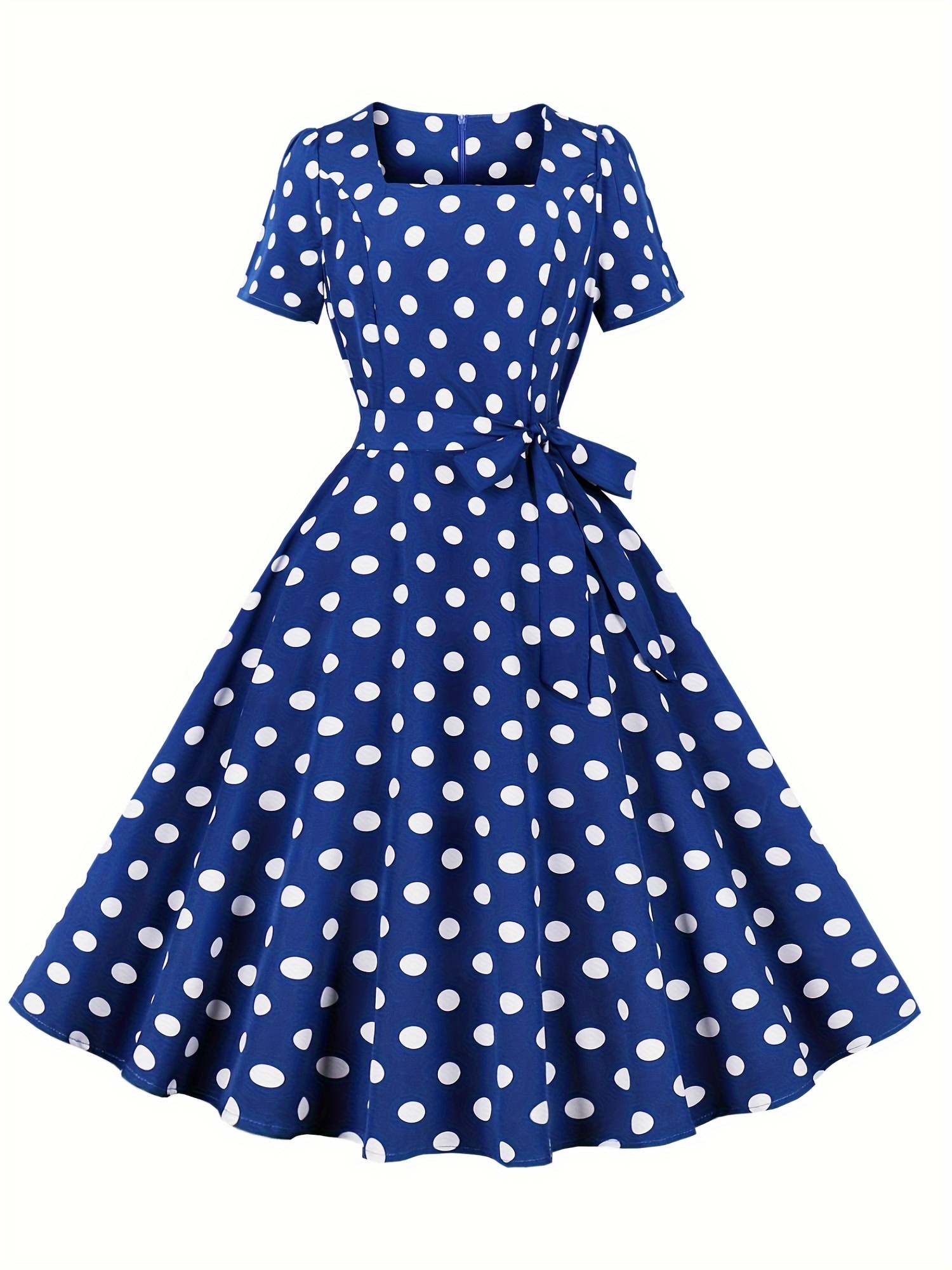 polka dot a line dress vintage squared neck short sleeve party dress womens clothing details 2