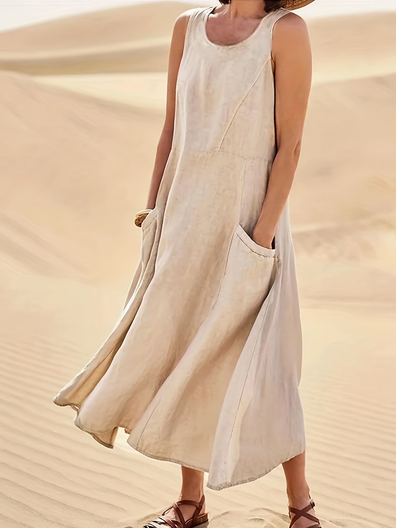 pocket front solid dress casual crew neck sleeveless simple dress womens clothing details 0