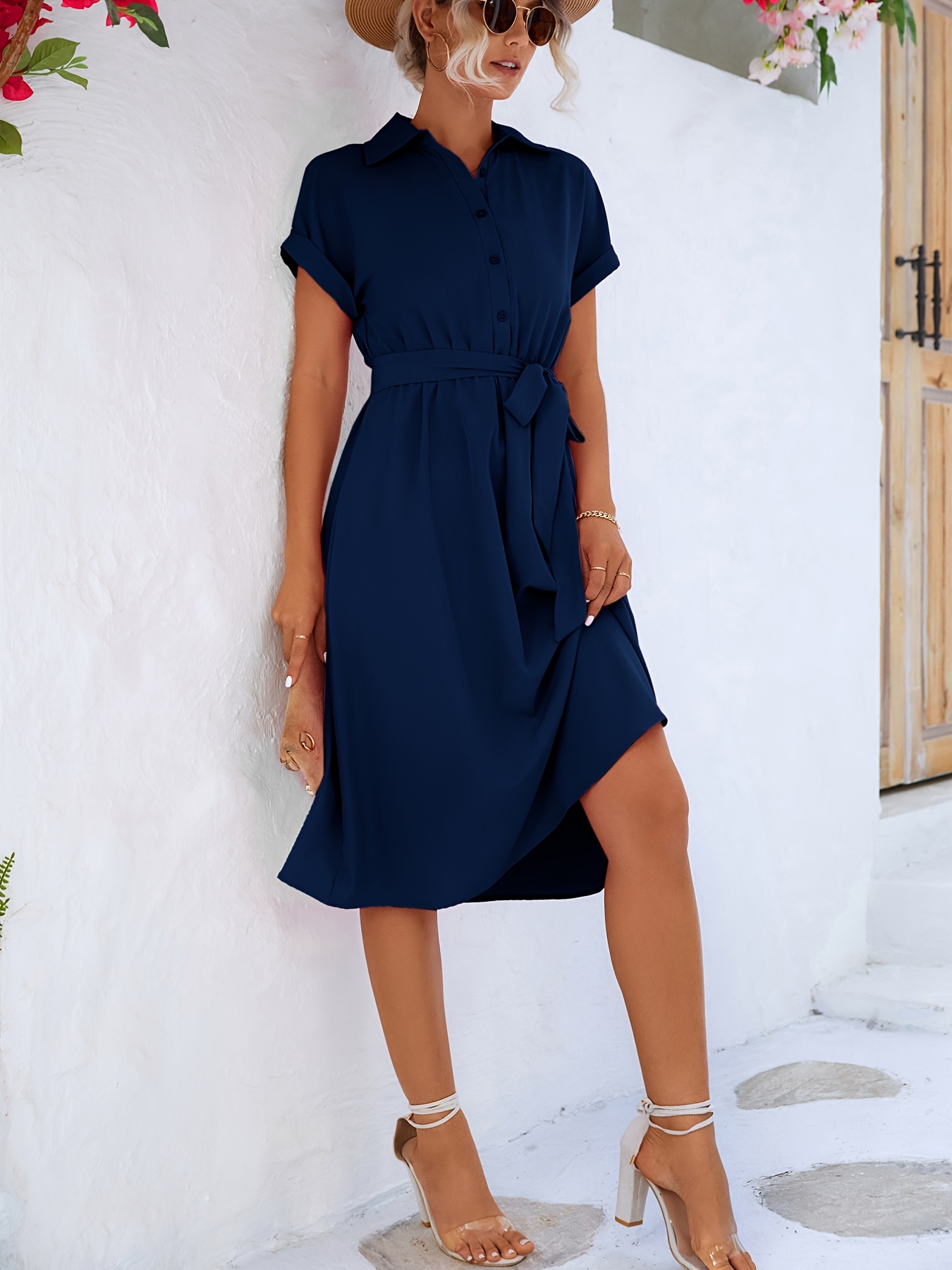 solid belted shirt dress short sleeve casual dress for summer spring womens clothing details 4