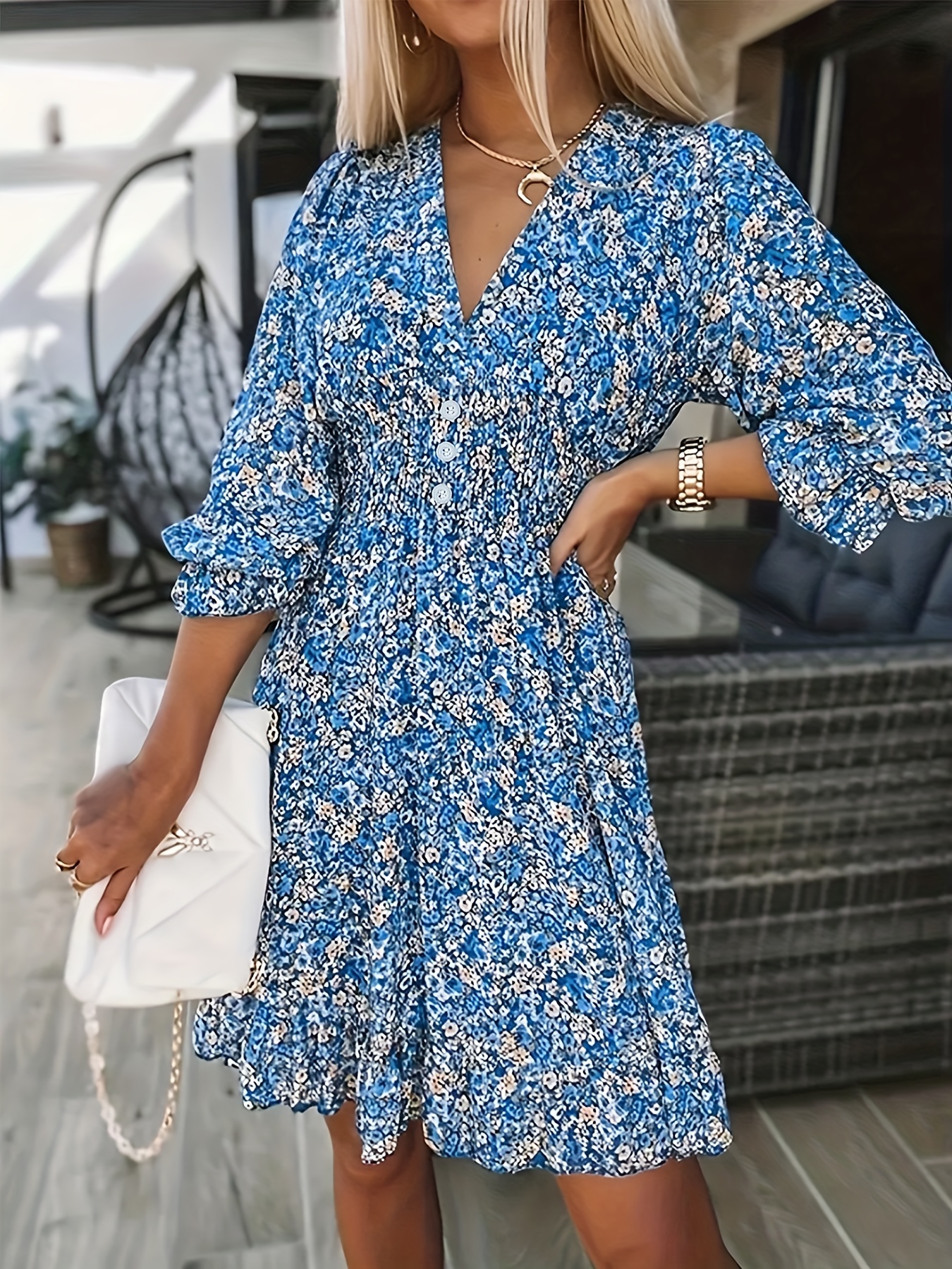 ditsy floral print dress casual v neck layered ruffle trim dress with buttons womens clothing details 9