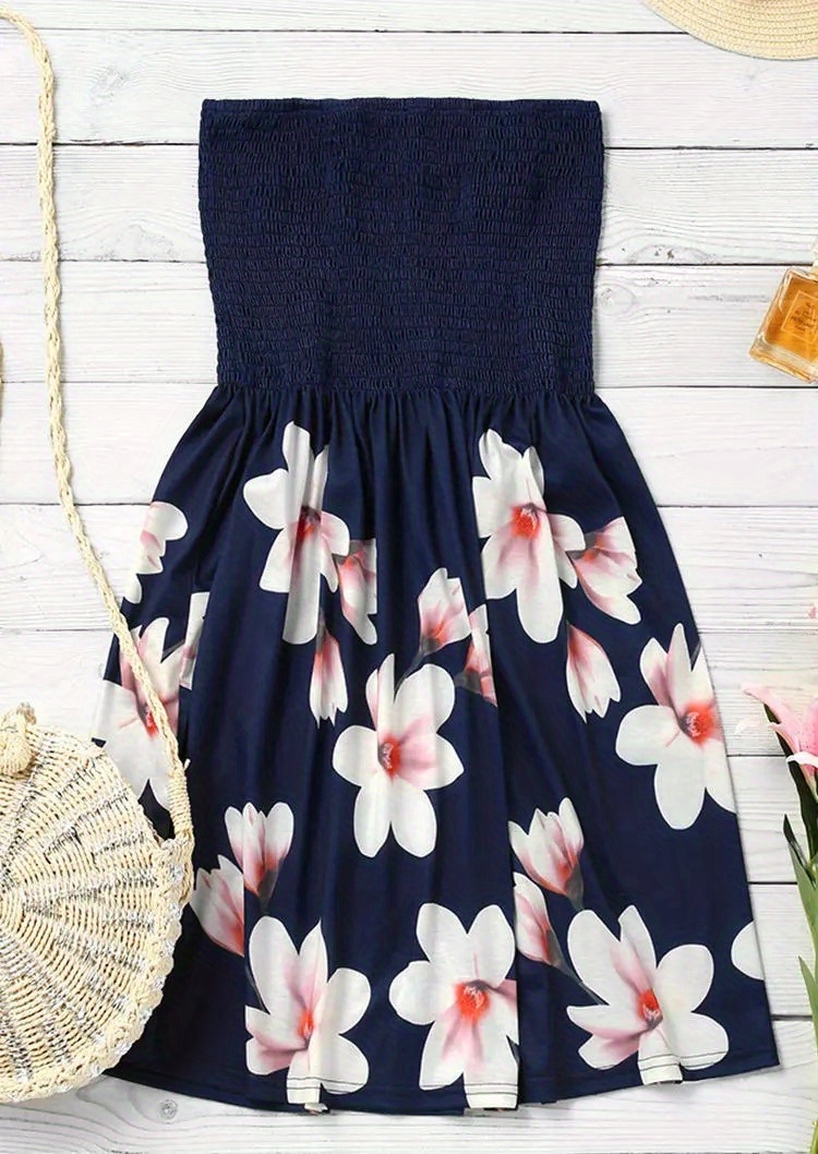 floral print shirred tube dress casual backless dress for spring summer womens clothing details 1
