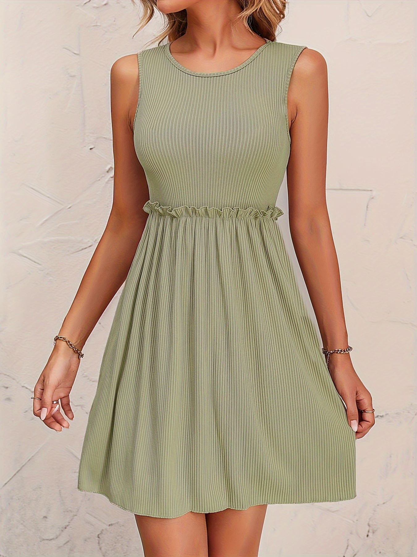 lettuce trim solid dress elegant crew neck sleeveless dress womens clothing details 14