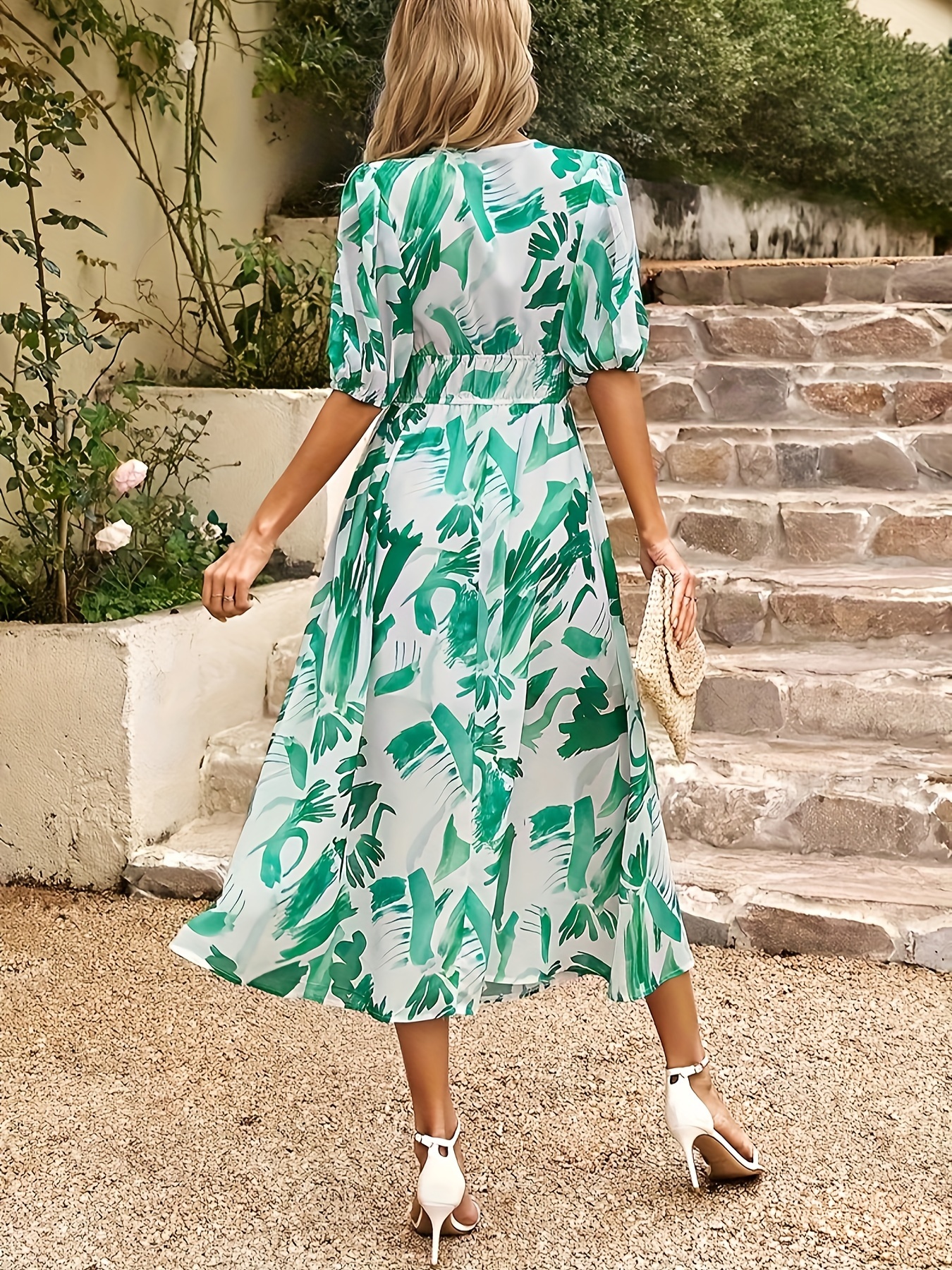 floral print v neck dress boho short sleeve ruched waist dress for spring summer womens clothing details 21