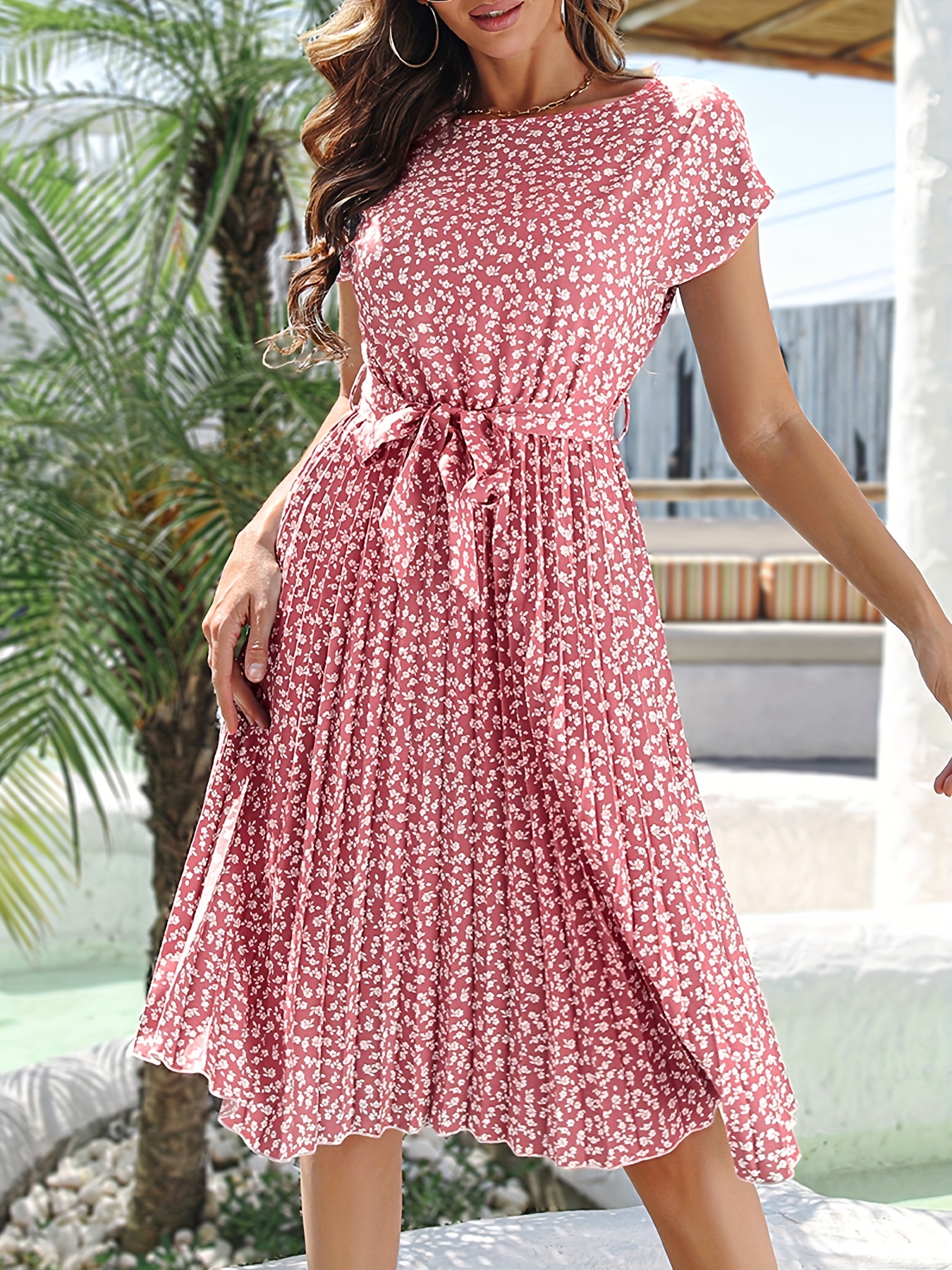 ditsy floral print belted dress short sleeve casual every day vacation dress for spring summer womens clothing details 16