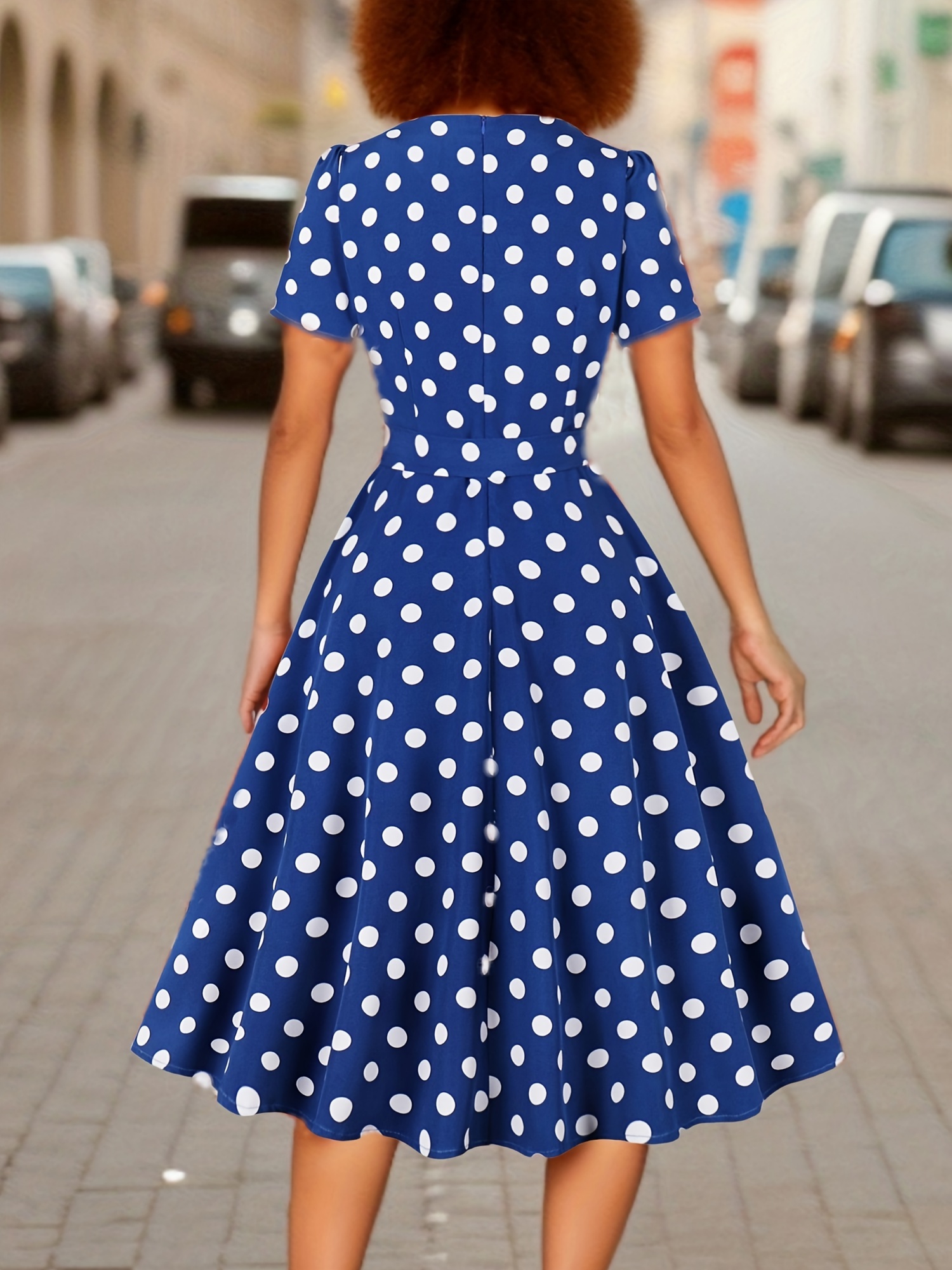 polka dot print square neck dress elegant short sleeve belted dress for spring summer womens clothing details 7