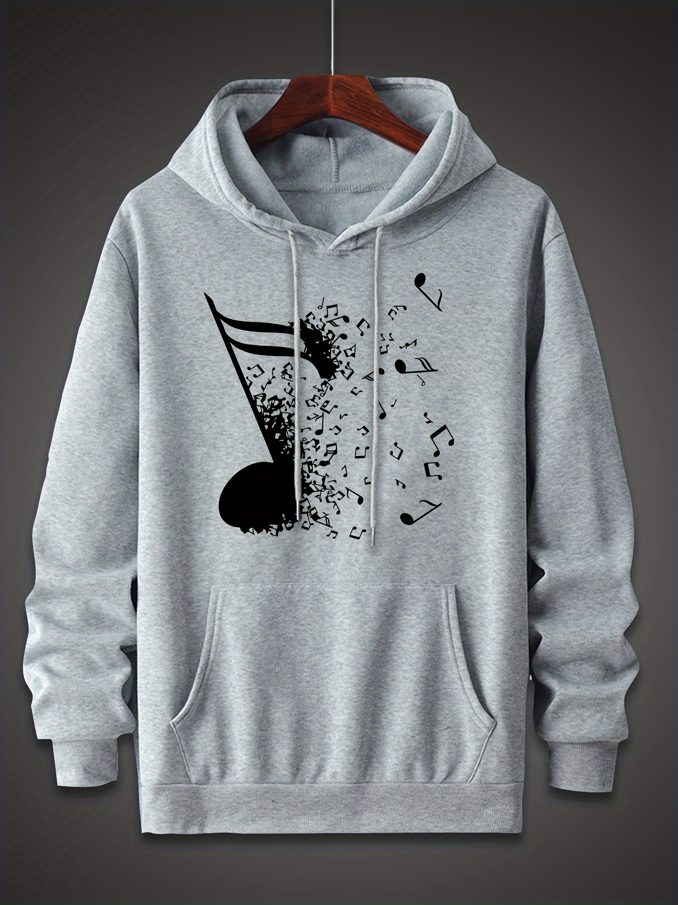 music note pattern mens trendy comfy hoodie casual slightly stretch breathable hooded sweatshirt for outdoor details 30