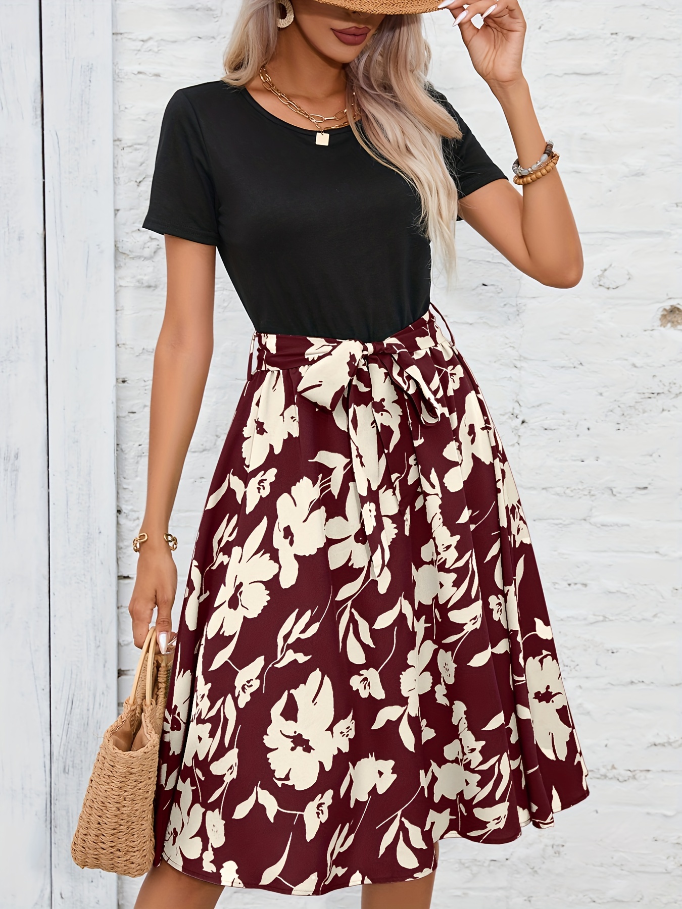 floral print crew neck dress casual short sleeve tunic dress for spring summer womens clothing details 15