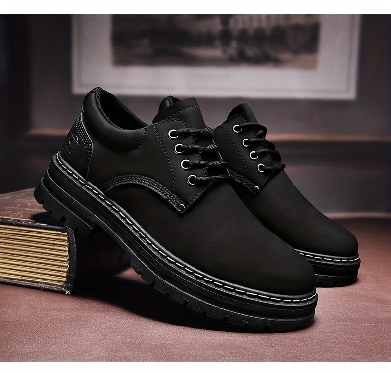 pu leather boots men s solid non slip durable low top lace details 2