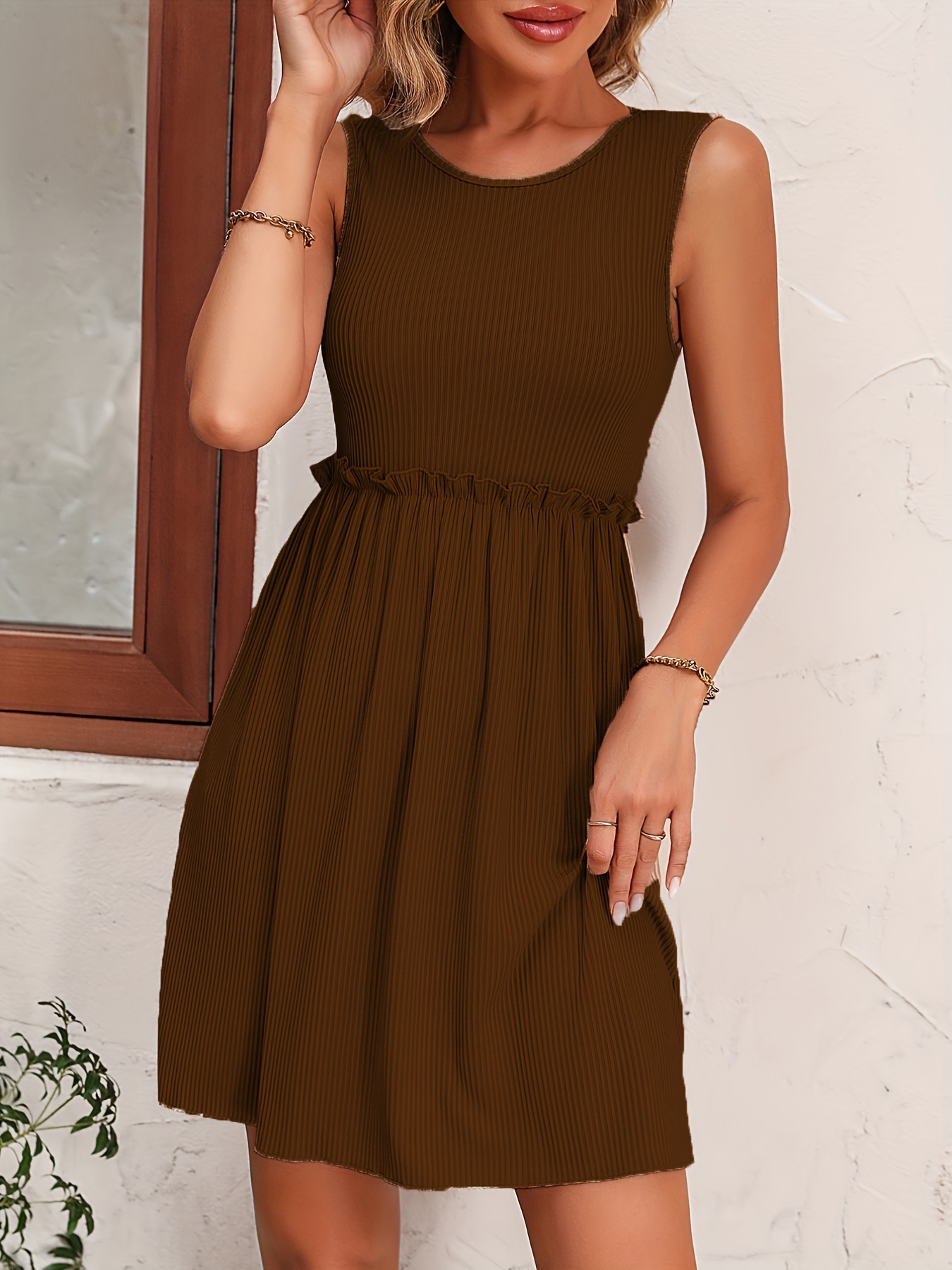lettuce trim solid dress elegant crew neck sleeveless dress womens clothing details 24