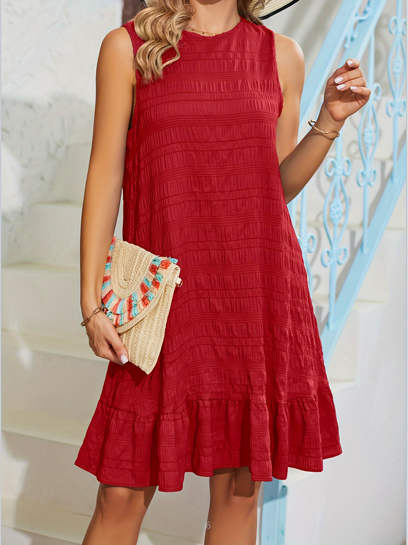 ruffle hem solid dress casual crew neck sleeveless summer dress womens clothing details 1