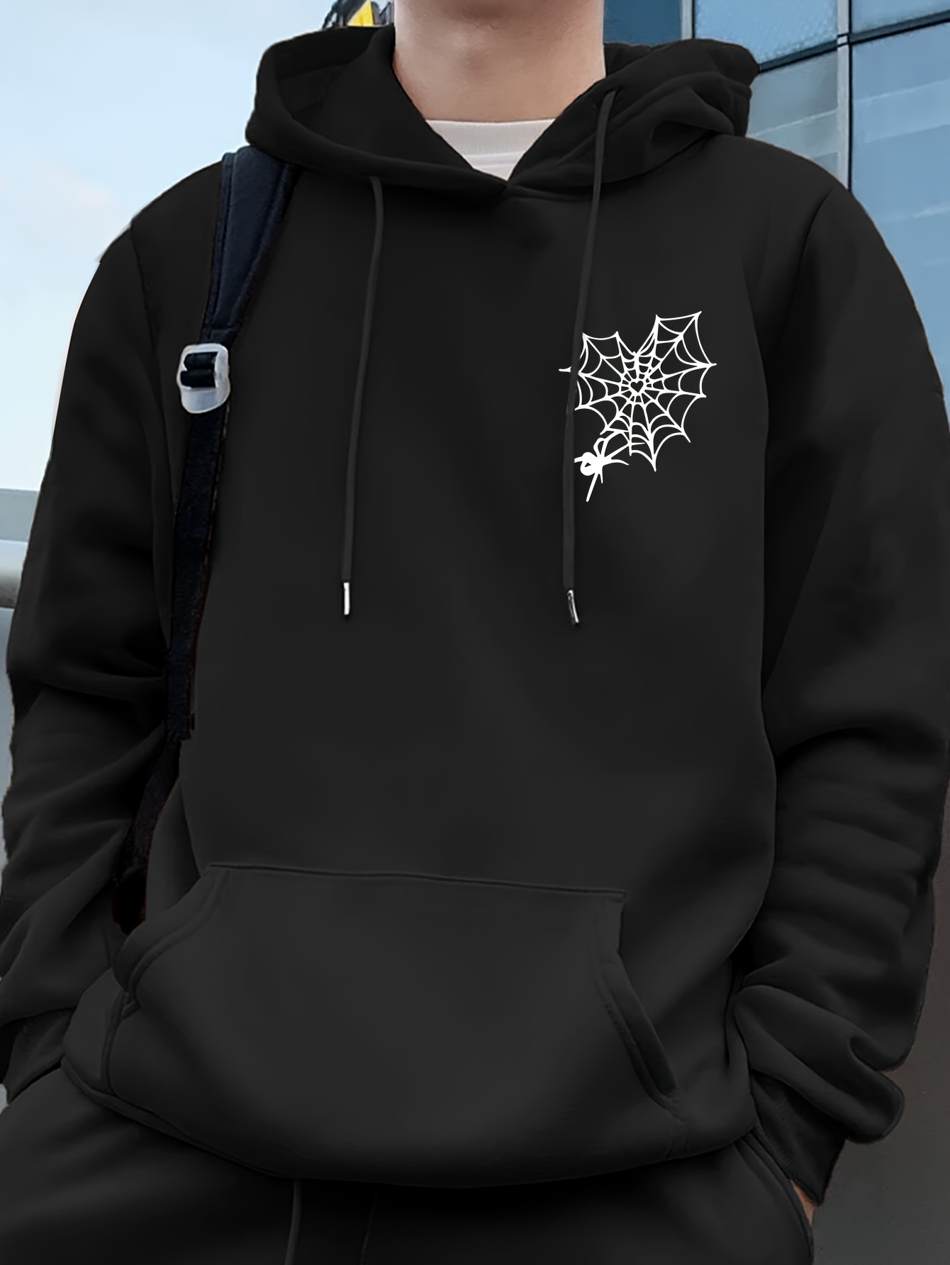 spider print mens pullover round neck long sleeve hooded sweatshirt pattern loose casual top for autumn winter mens clothing as gifts details 40