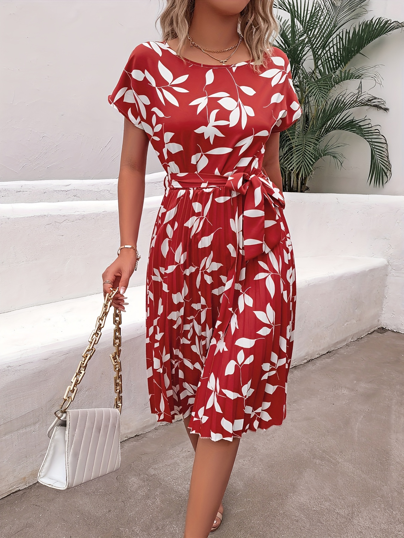 ditsy floral print belted dress short sleeve casual every day vacation dress for spring summer womens clothing details 23