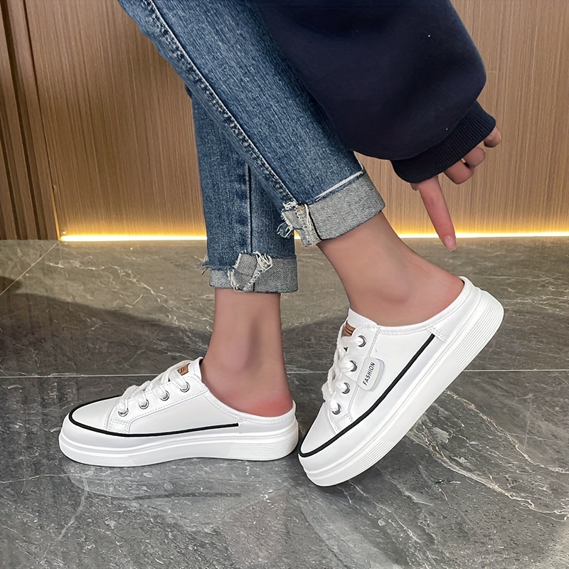 solid color flat mule sneakers women s casual lace outdoor details 11