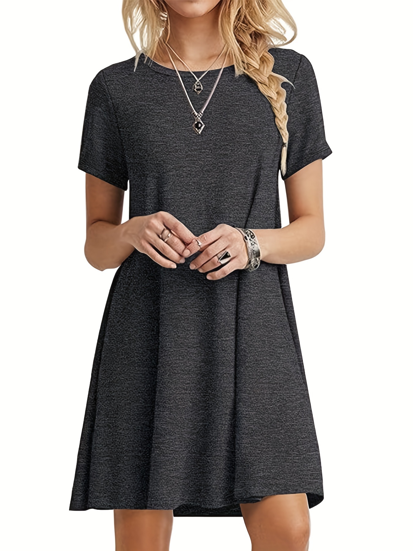 solid simple t shirt dress casual crew neck short sleeve dress womens clothing details 0