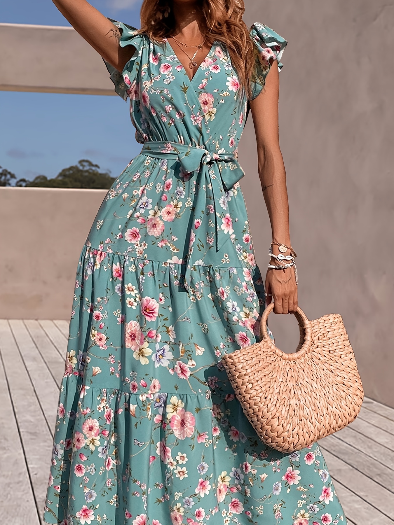 floral print flutter sleeve dress elegant v neck dress for spring summer womens clothing details 13