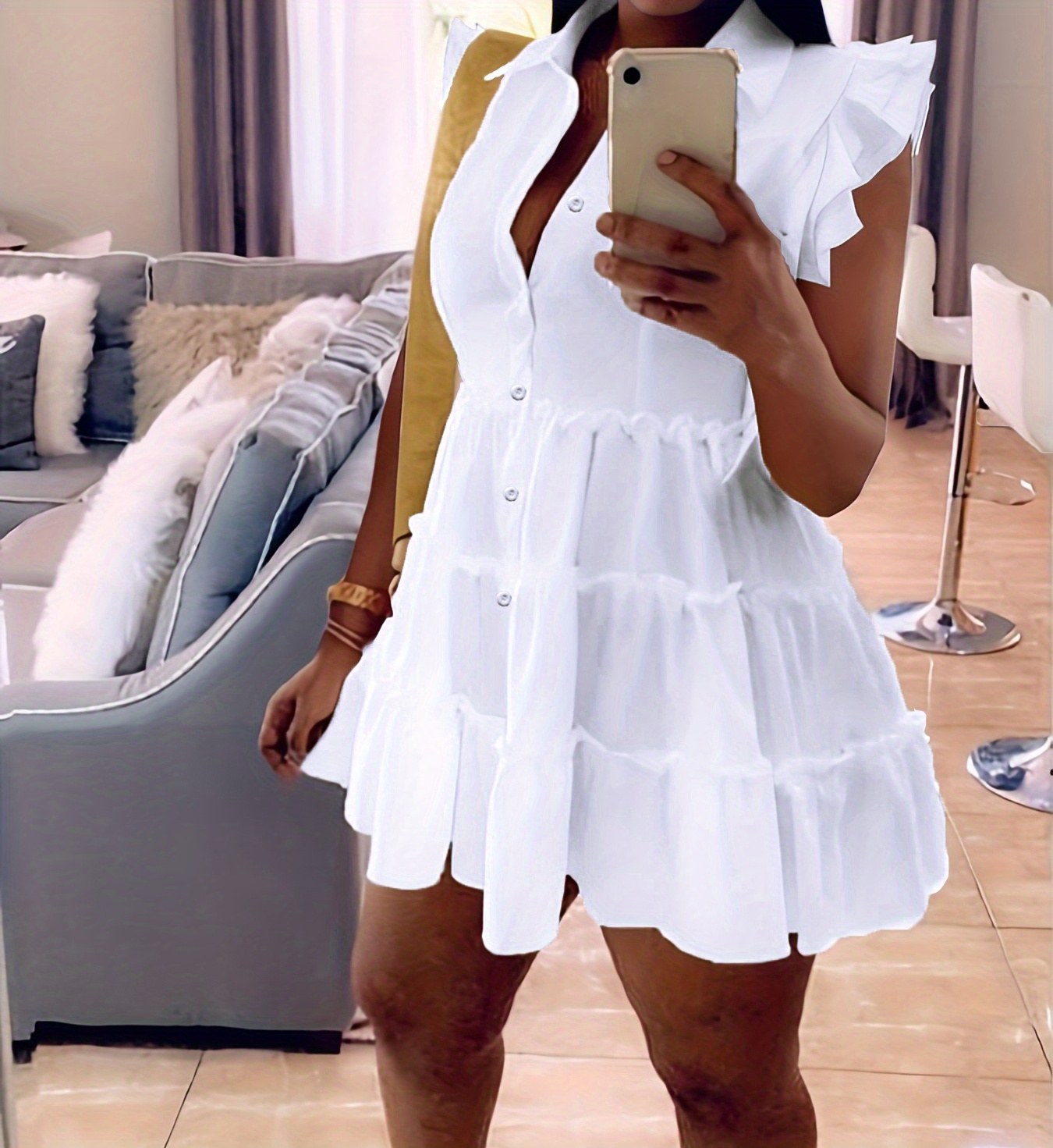 shirt collar tiered dress ruffle trim casual dress for spring summer womens clothing details 0