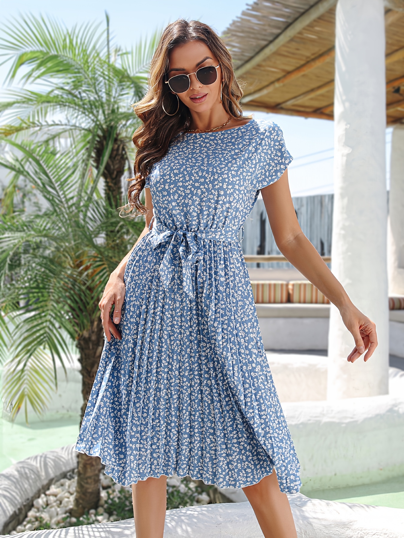 ditsy floral print belted dress short sleeve casual every day vacation dress for spring summer womens clothing details 51