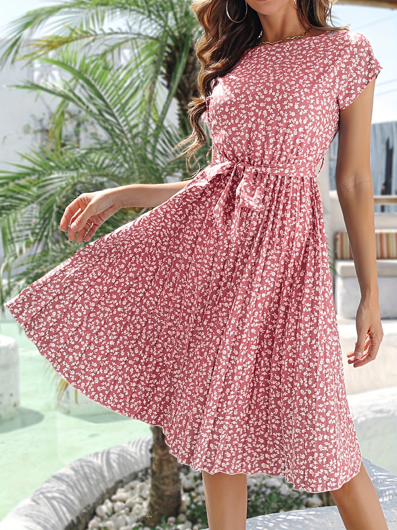 ditsy floral print belted dress short sleeve casual every day vacation dress for spring summer womens clothing details 12