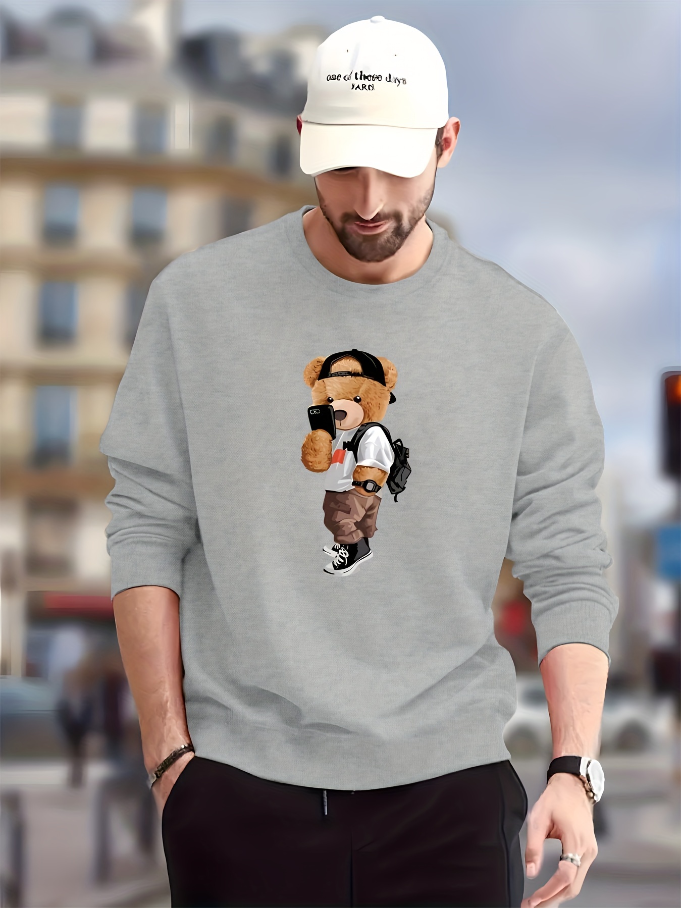stylish teddy bear print trendy sweatshirt mens casual graphic design slightly stretch crew neck pullover sweatshirt for autumn winter details 5
