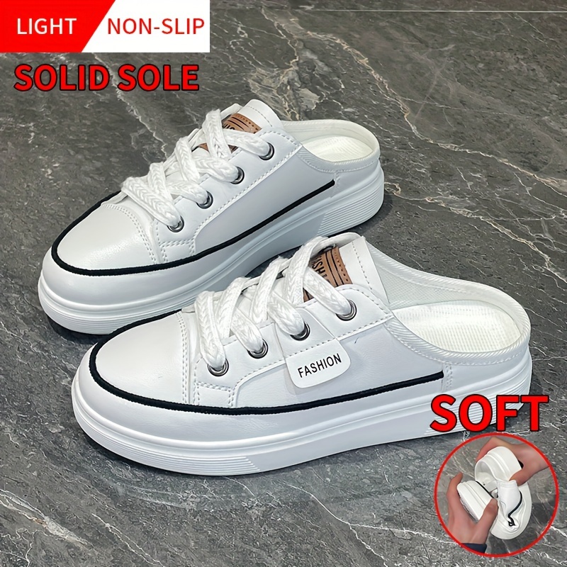 solid color flat mule sneakers women s casual lace outdoor details 0