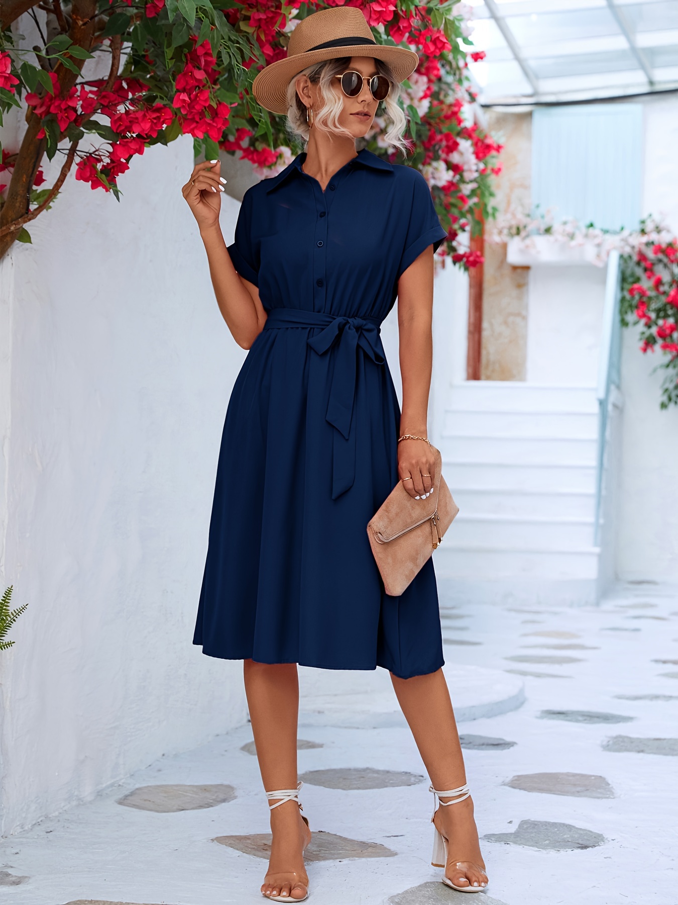solid belted shirt dress short sleeve casual dress for summer spring womens clothing details 3