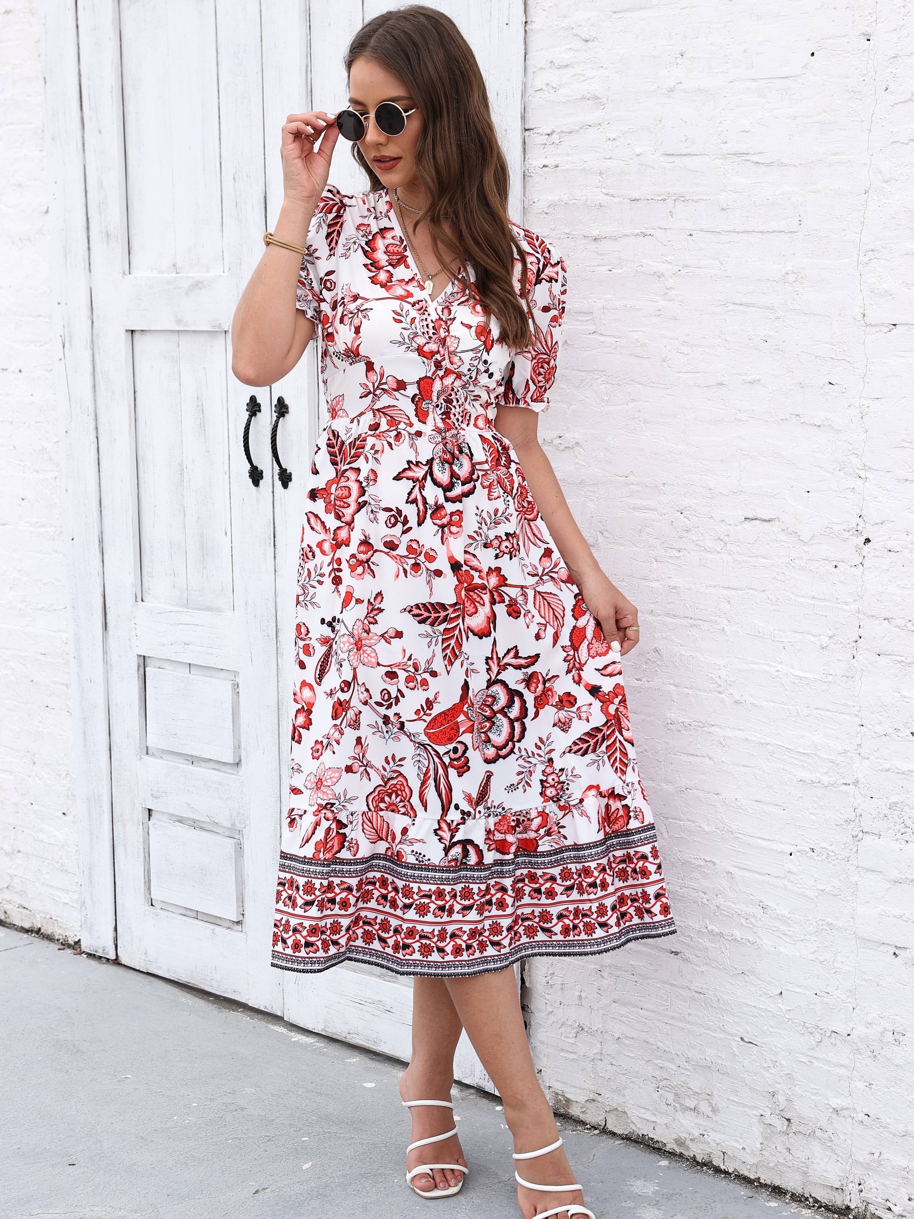 floral print surplice neck dress elegant short sleeve dress for spring summer womens clothing details 3