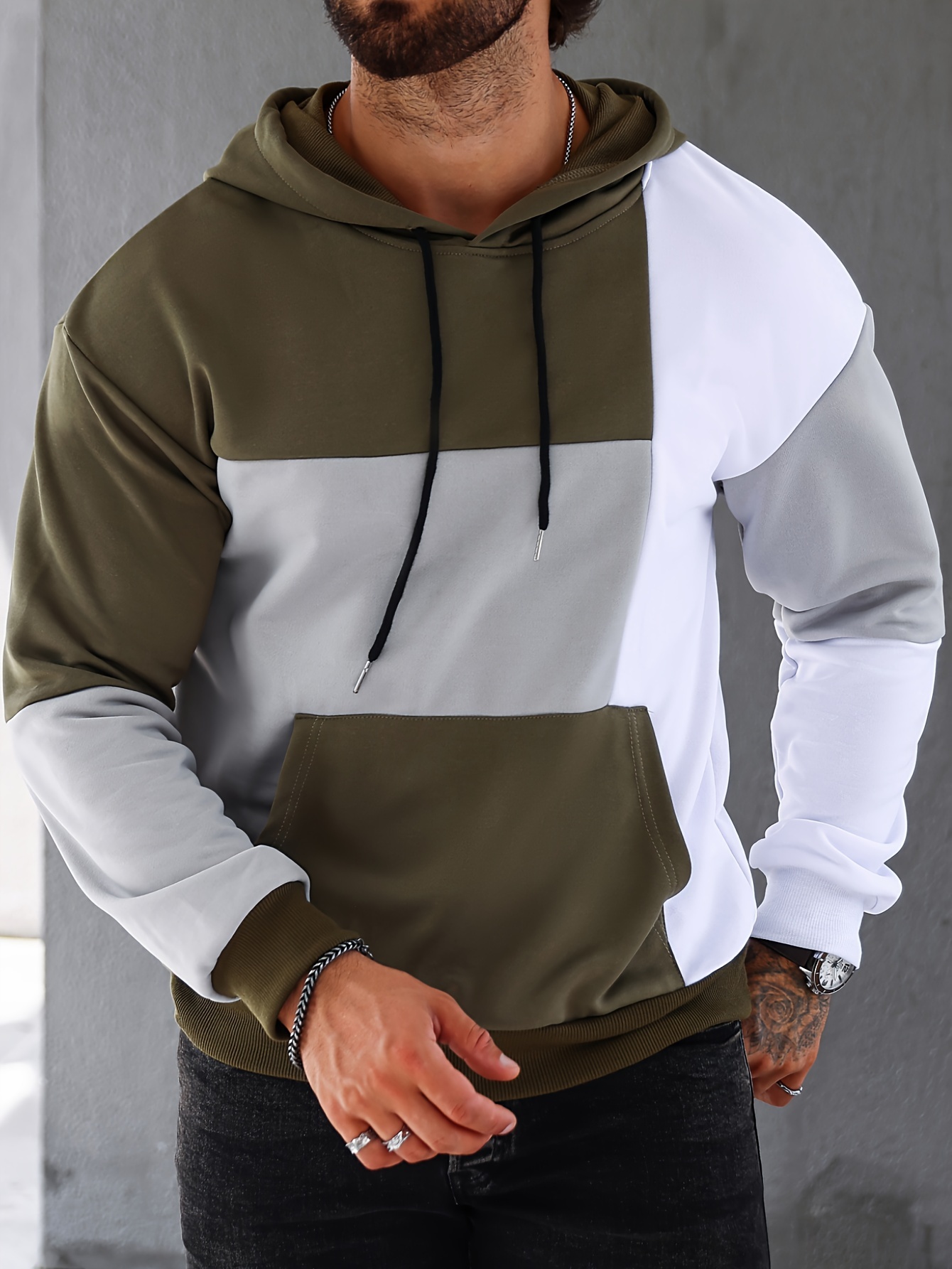 patchwork color block hoodie with kangaroo pocket mens casual solid color slightly stretch drawstring pullover hooded sweatshirt for spring fall details 17