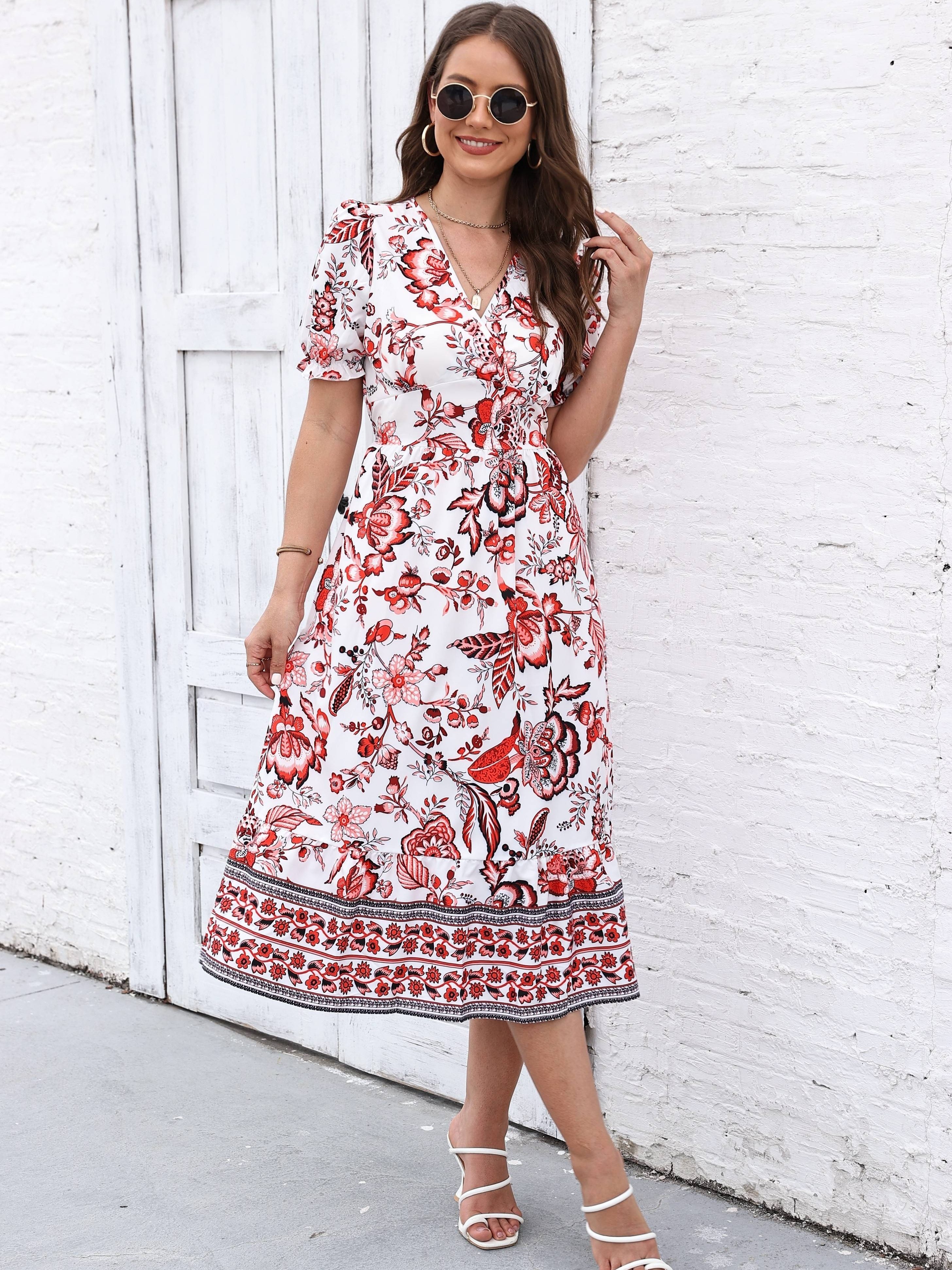 floral print surplice neck dress elegant short sleeve dress for spring summer womens clothing details 5