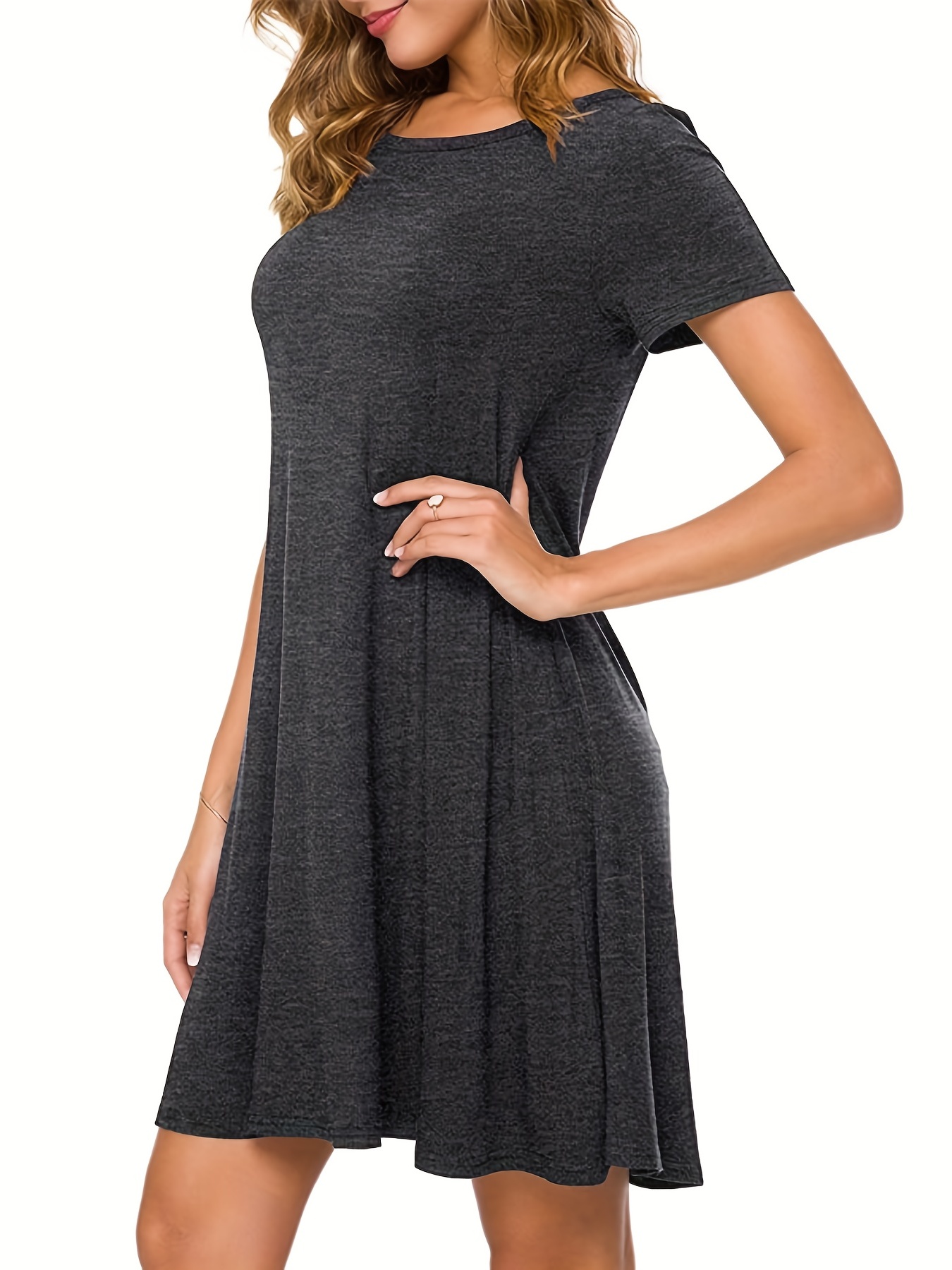solid simple t shirt dress casual crew neck short sleeve dress womens clothing details 1