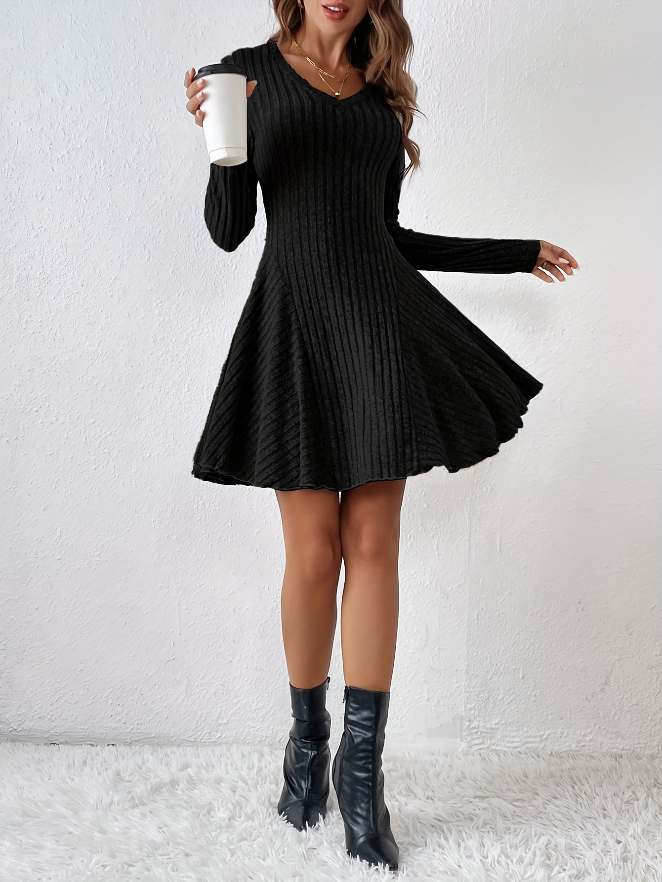 solid ribbed v neck dress casual long sleeve a line dress womens clothing details 3